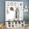 Merax Hall Tree with Bench and Shoe Storage, Farmhouse Wooden Coat Rack with 6 Hooks, Built-in 18 Open Compartments, for Entryway, Living Room, White