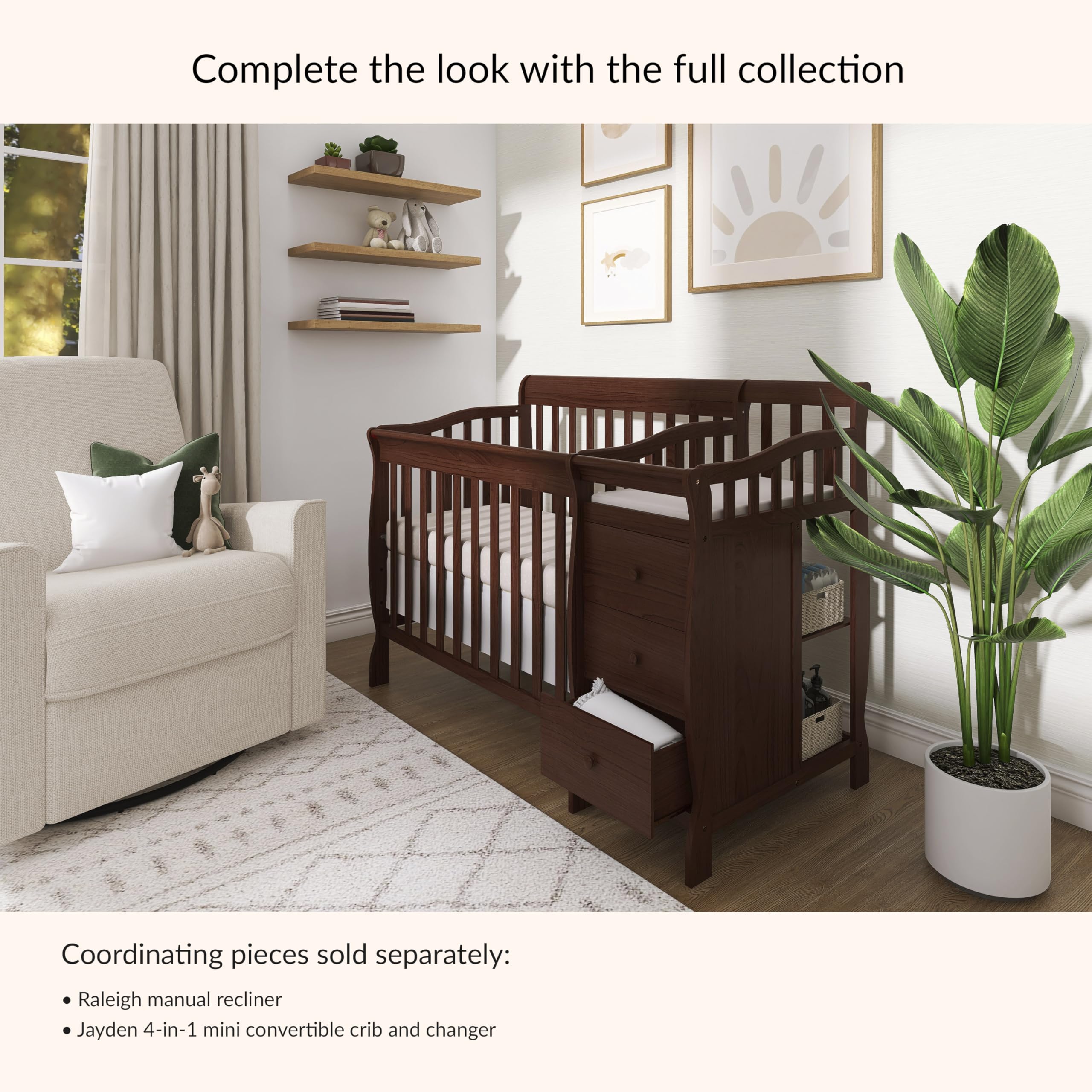 Dream On Me Jayden 4‑in‑1 Mini Convertible Baby Crib & Changer with Storage in Espresso, Pinewood, GreenGuard Gold & BSA, 1” Mattress Pad, 3 Mattress Heights, Converts to Mini Day & Twin-Size Bed