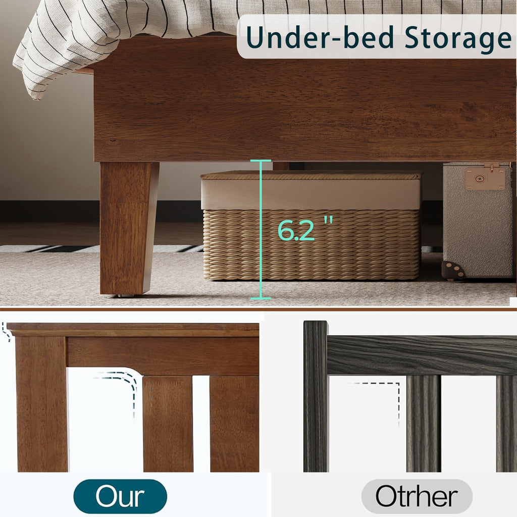 LINSY Solid Wood Bed Frame, Full Bed Frames Wooden Platform Frame with Headboard and Slat Bases, Mid Century Modern Bedframe No Box Spring Needed, Easy Assembly, Antique Walnut