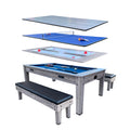 RACK Luxor 7.5-Foot 4-in-1 Multi-Game Swivel Billiard/Pool Table (Blue Felt with 2 Bench) – Pool Table, Table Tennis, Air Hockey & Dining Table – Portable Multi Game Table for Adults & Kids