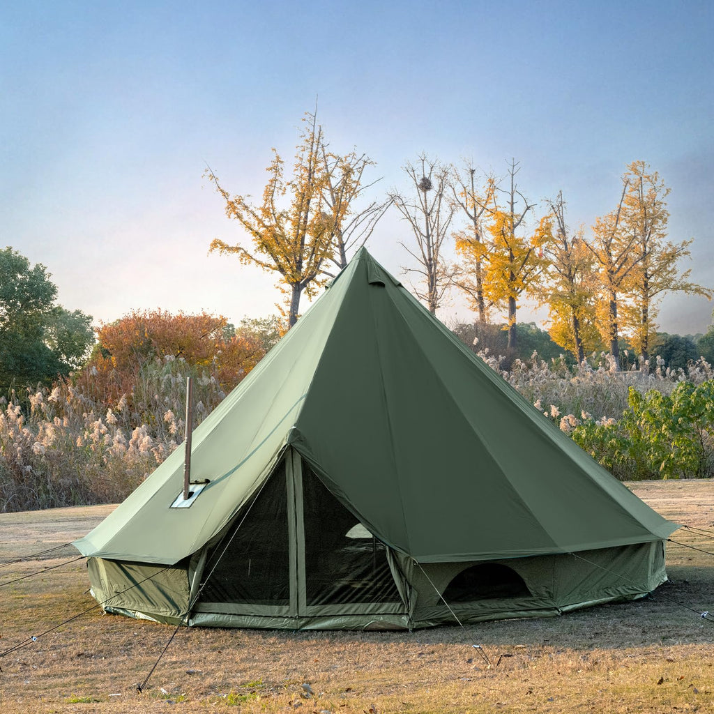 WaldZimmer Canvas Bell Tent 19.7ft Green with Stove Jack and Zipped Removable Floor, Luxury Outdoor Glamping Yurt Cotton Tent for Family Truck Car Camping Hunting Party