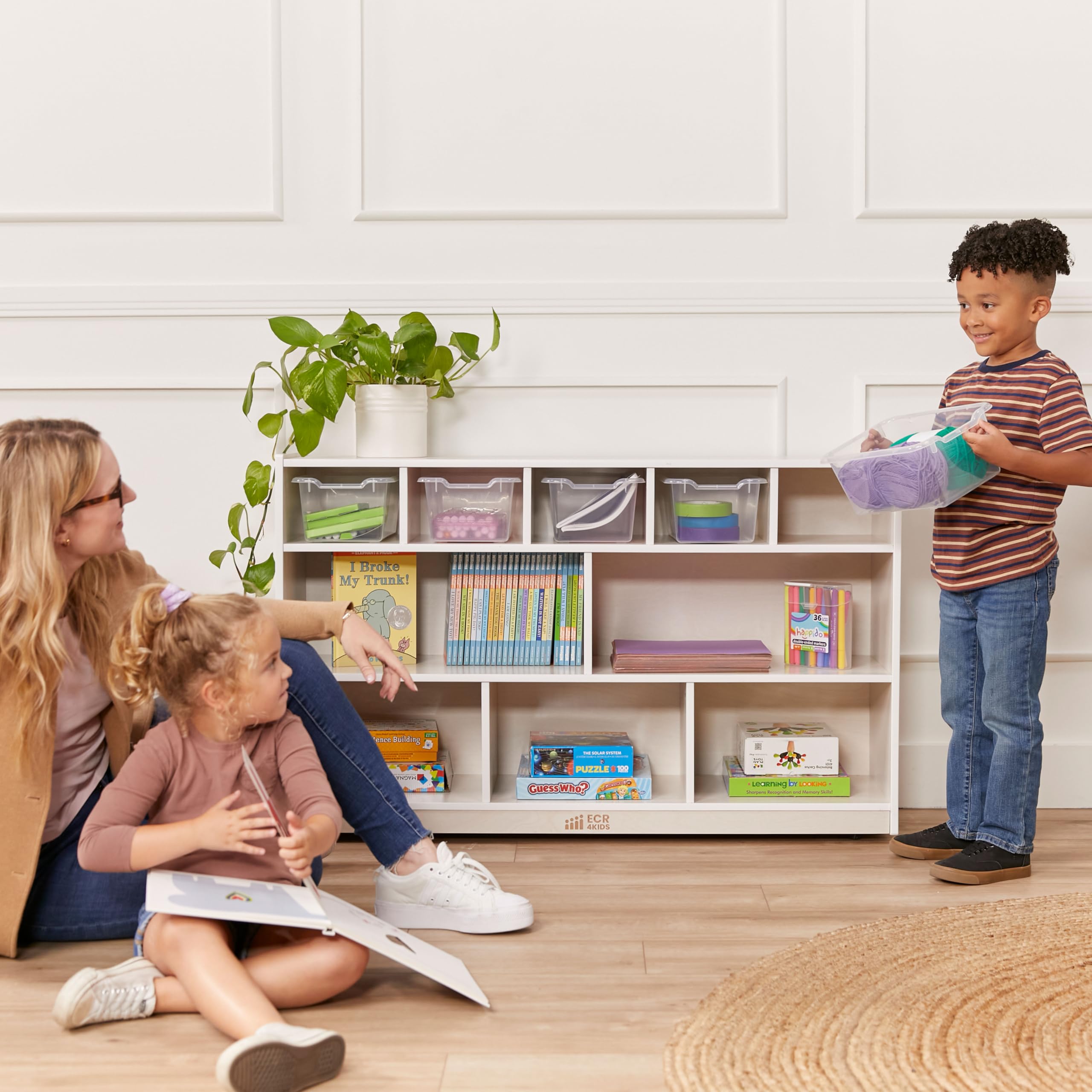 ECR4Kids 5+5 Cubby and Storage Mobile Tray Cabinet, Classroom Furniture, White Wash