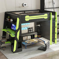 Full Size Wood Gaming Loft Bed with Desk, Full Loft Bed with Multi-Storage Shelves, Light and Charging Station for Teens, Adults Desk Built-in Console Shelf Underneath No Box Spring Needed, Green