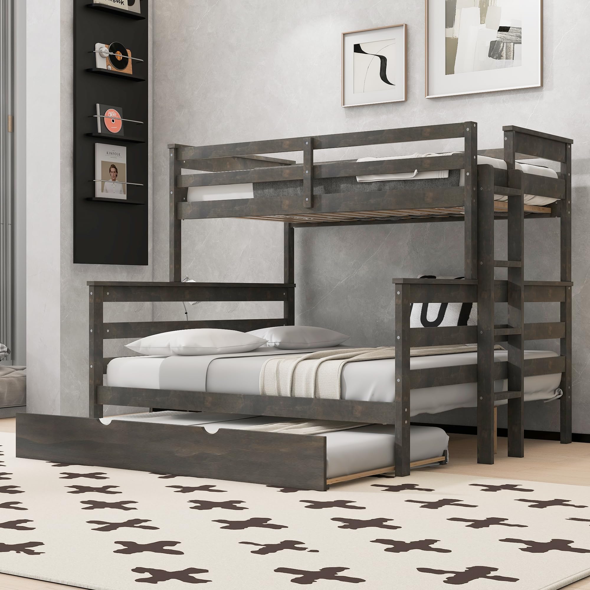 Merax Twin XL Over Queen Bunk Bed Wood Detachable Bunk Bed with Trundle & Ladder, Multifunction Bunk Bed,Can be Separated into 3 Beds, No Box Spring Needed,Space Saving,Gray
