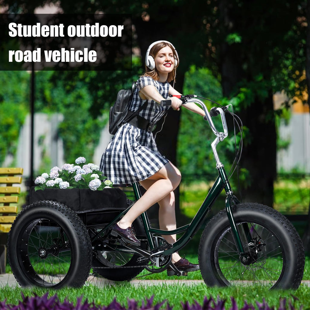 Yirtree 20 Inch Fat Tire Adult Tricycle, 7-Speed Drift Trike with Dual Disc Brakes, Snow Tires, and Spacious Basket, 3-Wheel Bike for Seniors and All Roads Riding Snow Tire