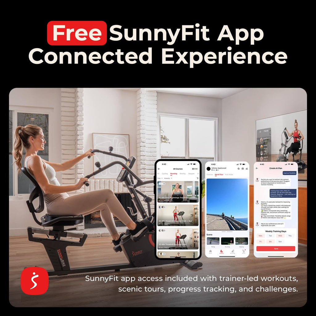 Sunny Health & Fitness Electromagnetic Recumbent Cross Trainer Exercise Elliptical Bike w/Arm Exercisers, Easy Access Seat & Exclusive SunnyFit® App Enhanced Bluetooth Connectivity - SF-RBE4886SMART