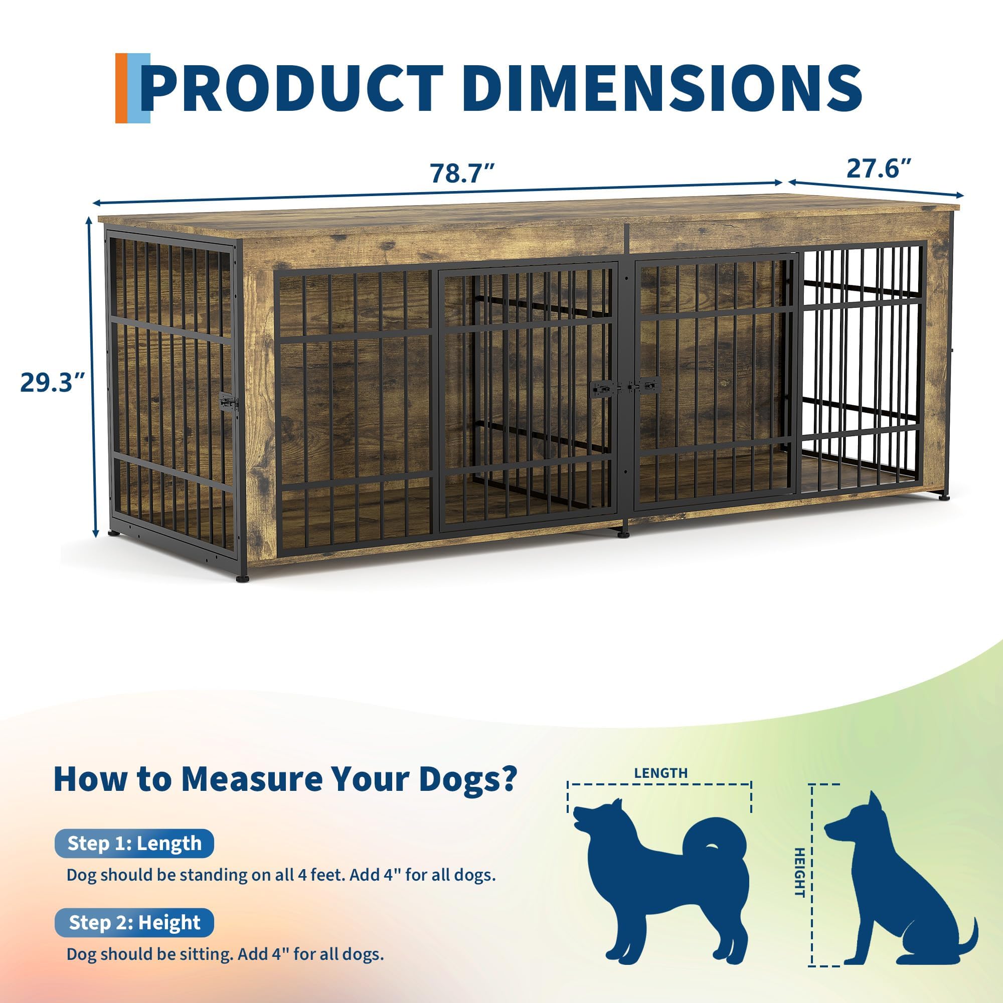 GarveeLife 78.7" Heavy Duty Dog Crate Furniture, Dog Cage Furniture with Divider,Wooden Kennel Indoor TV Stand End Table for Large/Medium Dogs, Rustic Brown