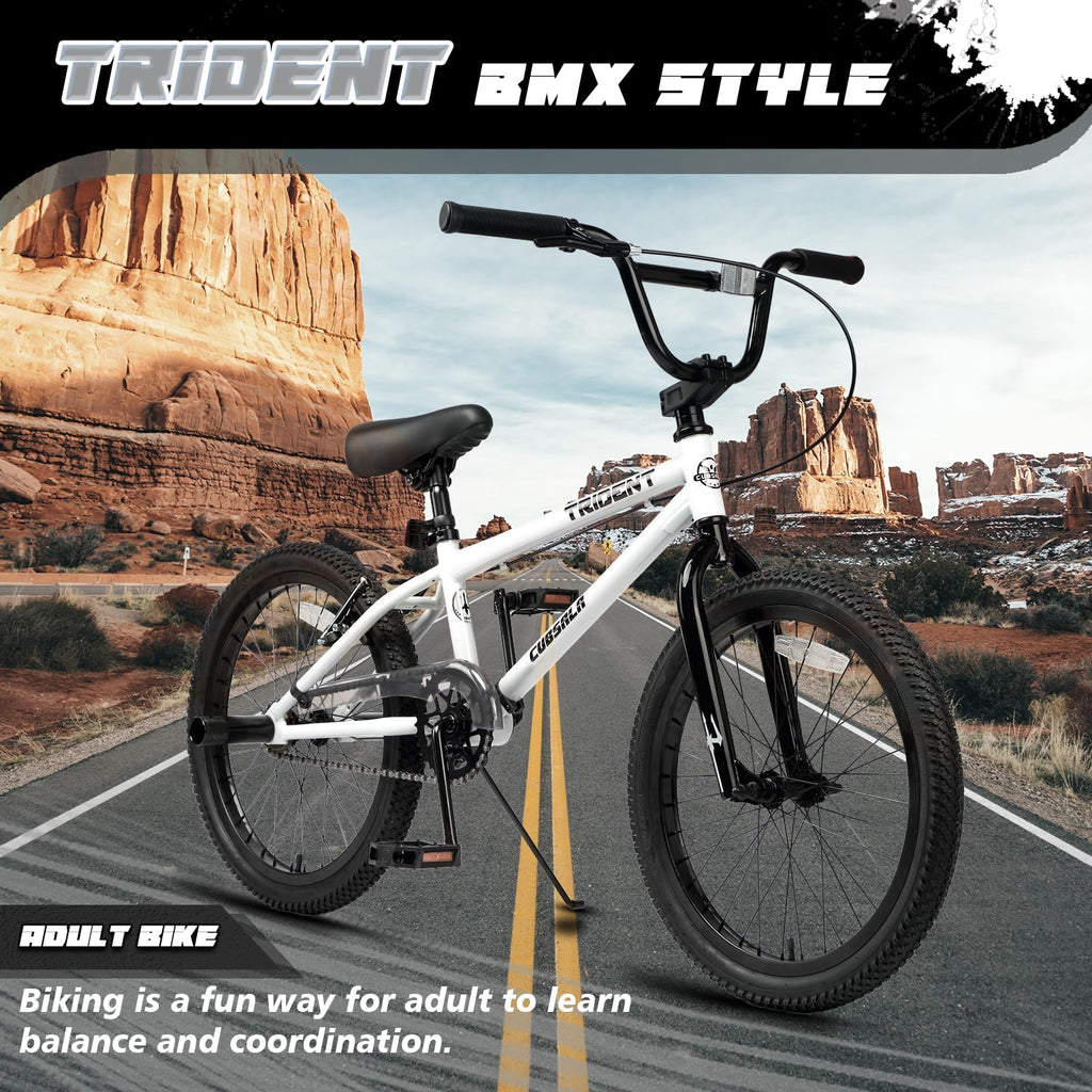cubsala 20 Inch BMX Race Bike Trident Bicycles Beginner-Level to Advanced Riders with 2 Pegs Trick Cycling and Professional BMX Riding, Color White