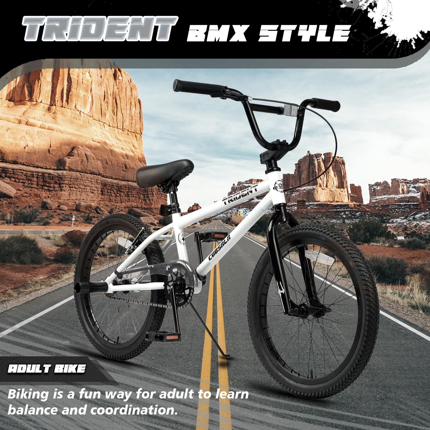 cubsala 20 Inch BMX Race Bike Trident Bicycles Beginner-Level to Advanced Riders with 2 Pegs Trick Cycling and Professional BMX Riding, Color White