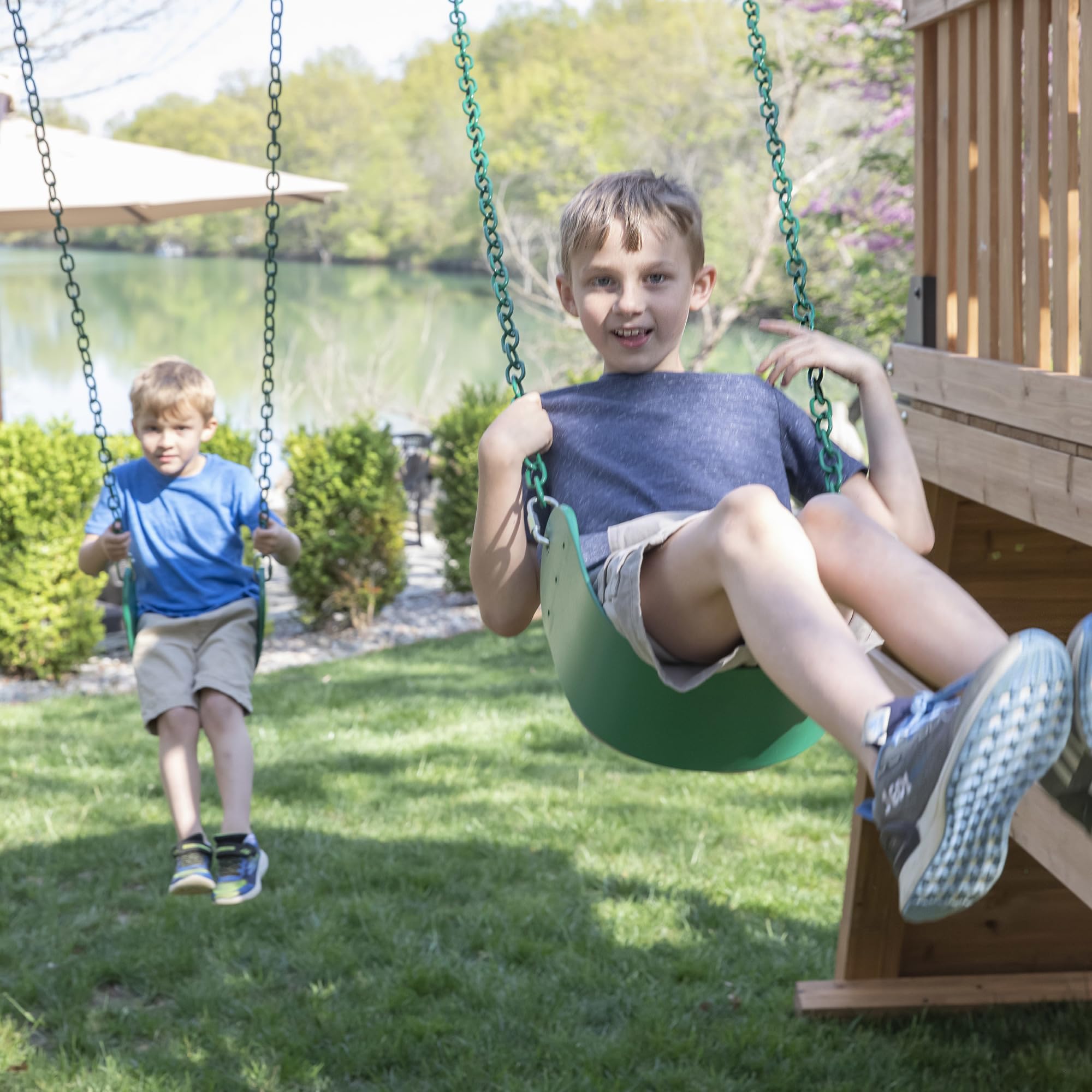 Backyard Discovery Endeavor II Cedar Wood Swing Set with Wave Slide, Play Deck, Double Rock Wall, Picnic Table, Climbing Wall, Belt Swings, Web Swing, Toy Telescope, Step Ladder, Outdoor Playset