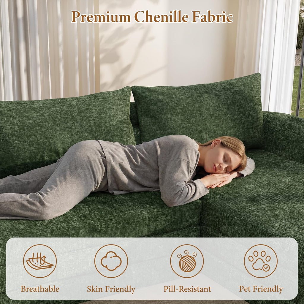 Vesgantti 110.2" Boneless Sectional Couch with Curved Armrest, 6 in 1 Convertible Folding Sleeper Sofa Bed, Chenille Modular Sofa for Living Room, No Assembly Required, Green, Right Facing Chaise
