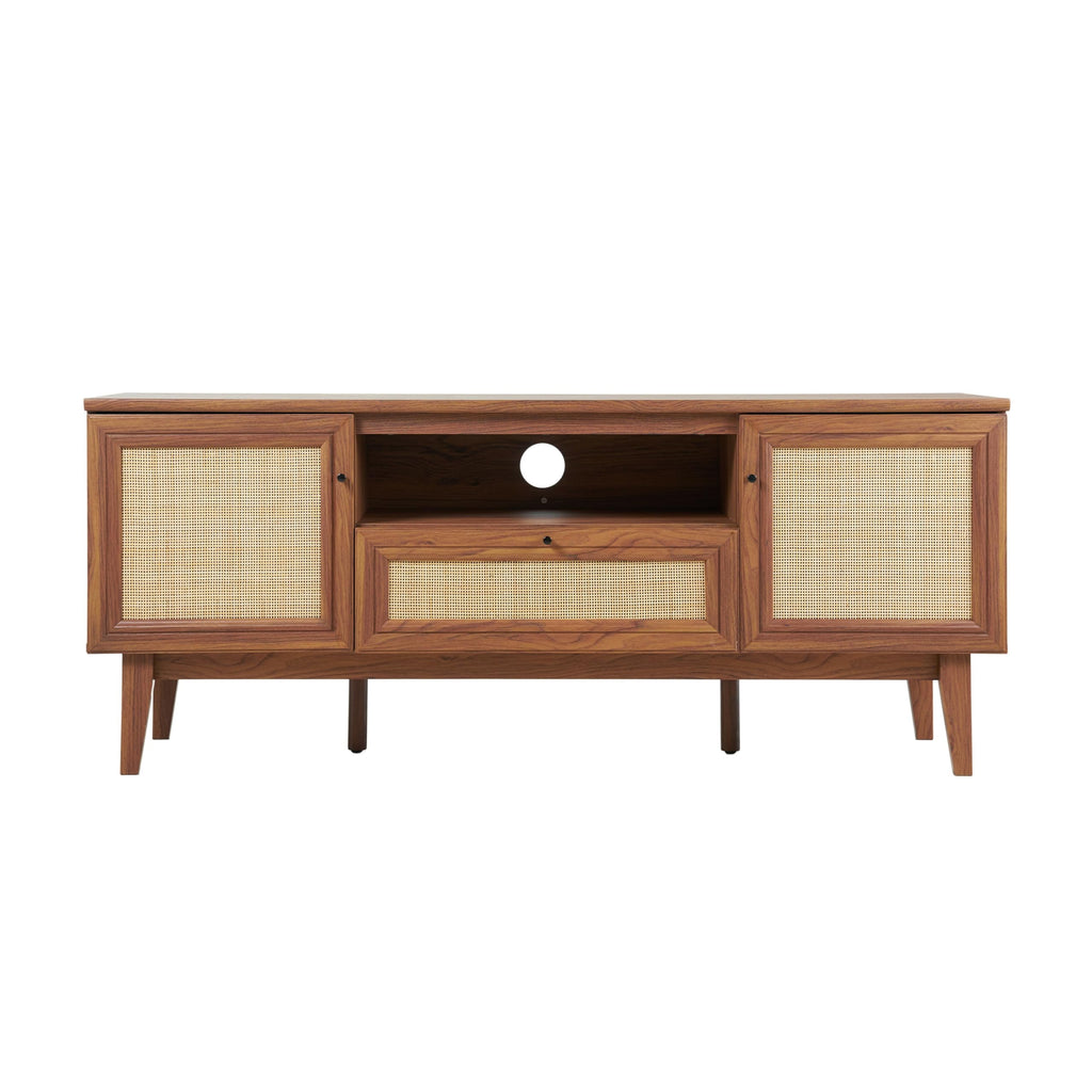 JONATHAN Y Finley 59" Mid-Century Walnut Rattan TV Stand for TVs up to 65 Inch, Wood Media Console with Woven Cane Soft-Close Doors and Drawer, Bohemian Entertainment Center for Living Room TVS1002B
