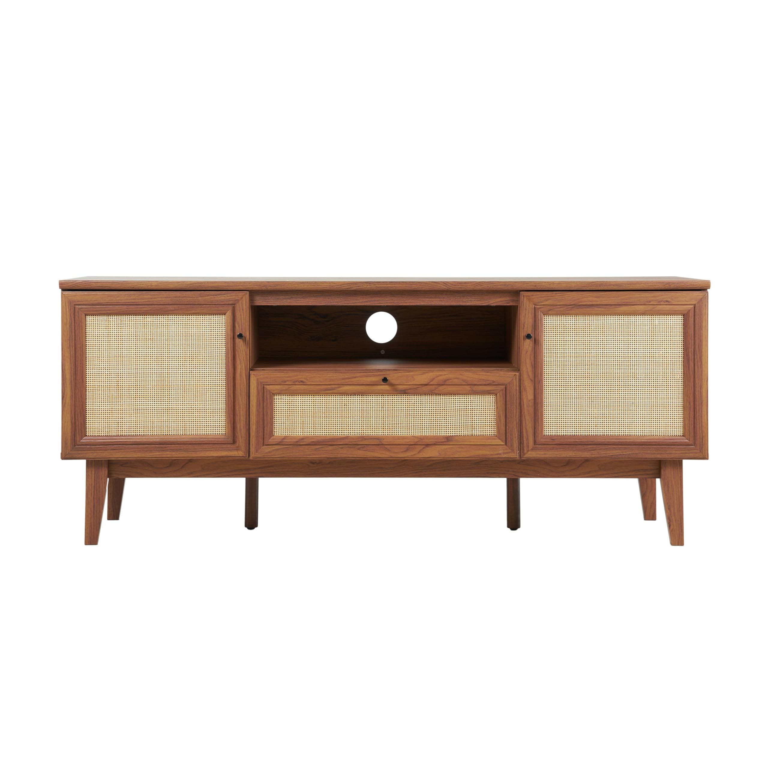JONATHAN Y Finley 59" Mid-Century Walnut Rattan TV Stand for TVs up to 65 Inch, Wood Media Console with Woven Cane Soft-Close Doors and Drawer, Bohemian Entertainment Center for Living Room TVS1002B