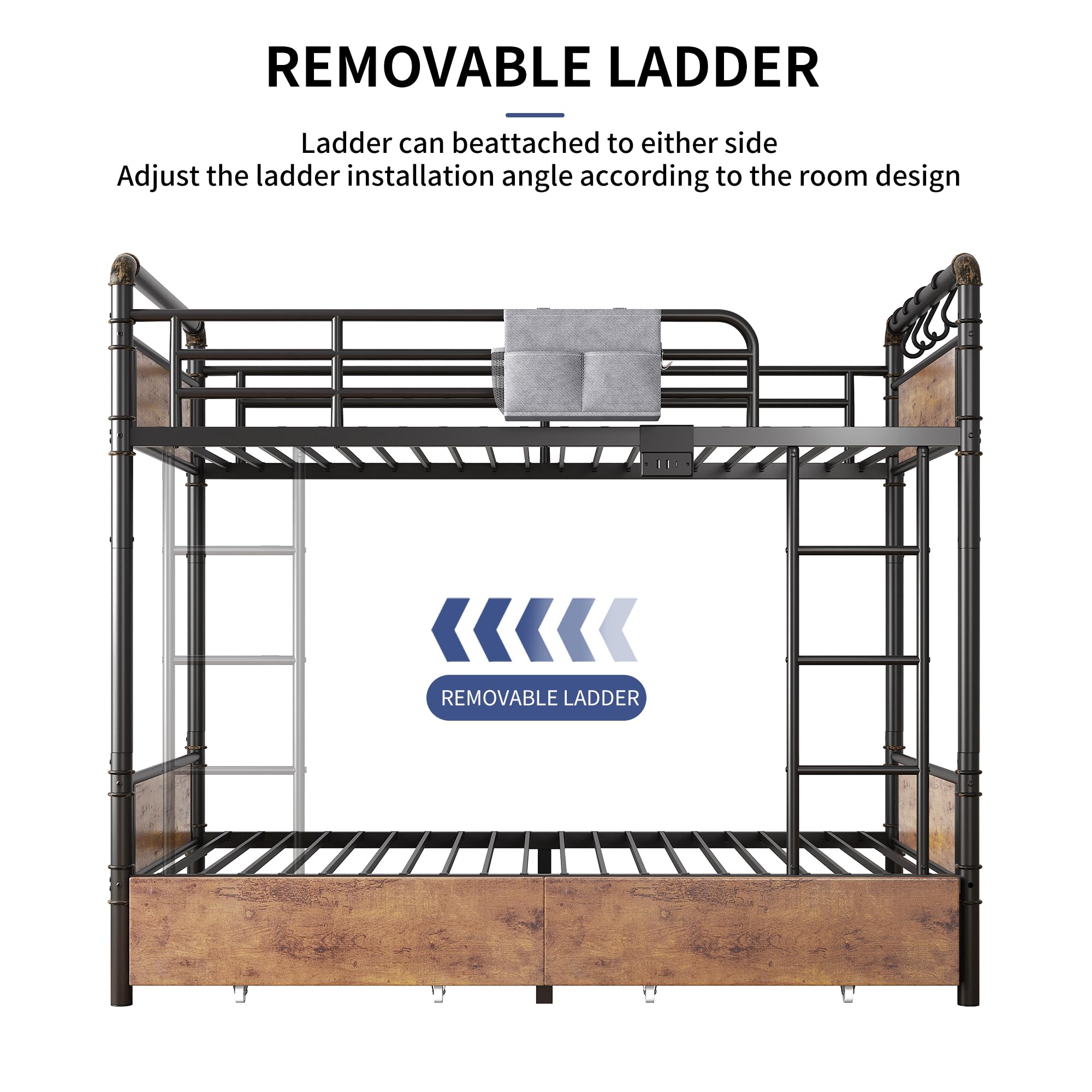 Jocoevol Metal LED Bunk Bed Twin Over Twin with 2 Storage Drawers, USB Charging Station, Industrial Bunkbeds Heavy Duty Bed with Safety Guardrail and Ladder, No Box Spring Needed, Vintage Brown