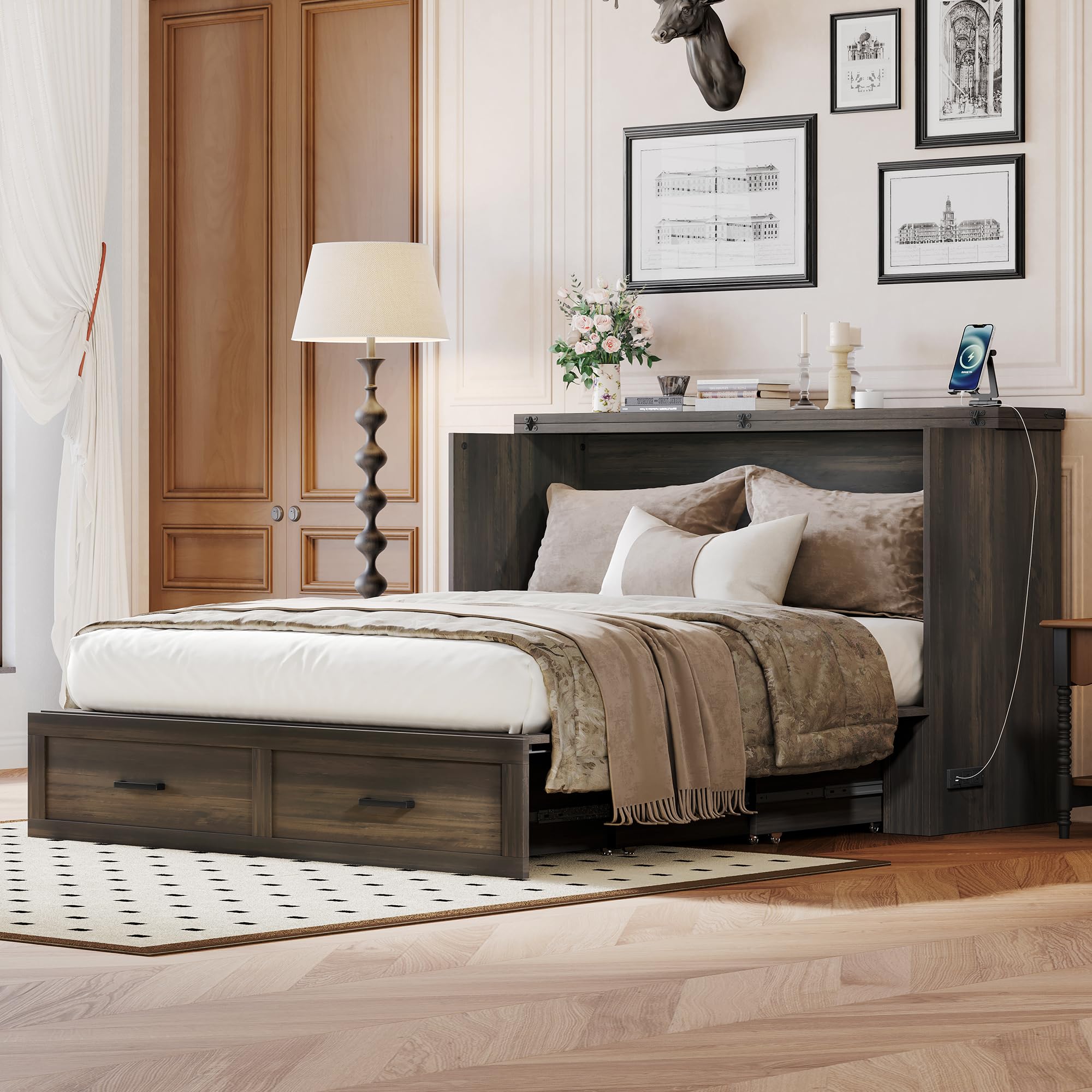 Merax Farmhouse Wood Murphy Bed Chest with Charging Station, Foldable Wall Platform Bed with Storage Drawer/Space Saving/Wood Slat Support/Queen, Gray