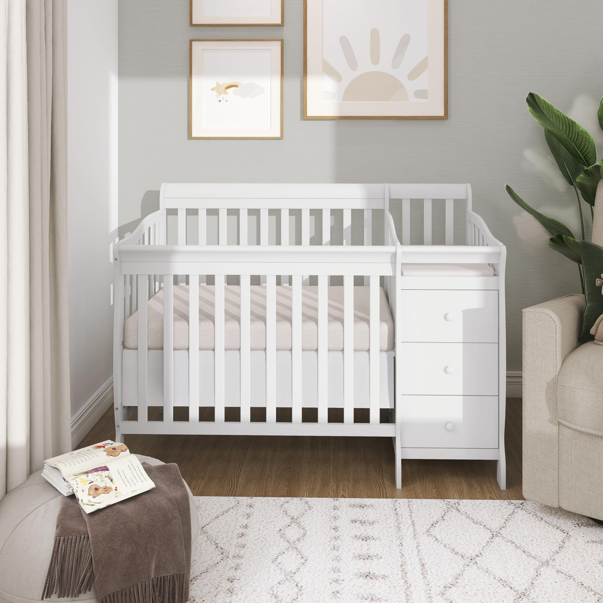 Dream On Me Jayden 4‑in‑1 Mini Convertible Baby Crib & Changer with Storage in White, Pinewood, GreenGuard Gold & BSA, 1” Mattress Pad, 3 Mattress Heights, Converts to Mini Day & Twin-Size Bed