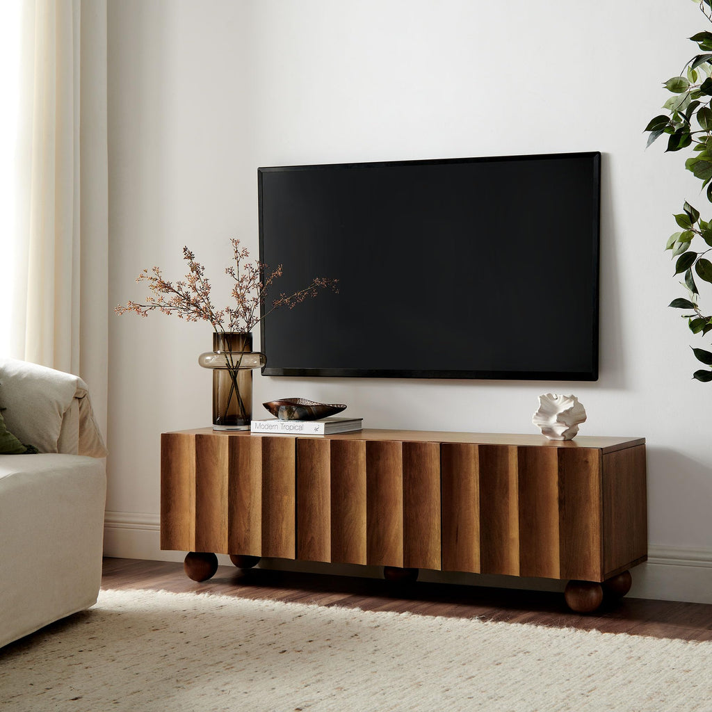 Modway Sorren 54 Inch Scalloped TV Stand in Walnut – 3 Door Media Console Cabinet – Modern Storage TV Stand with Doors