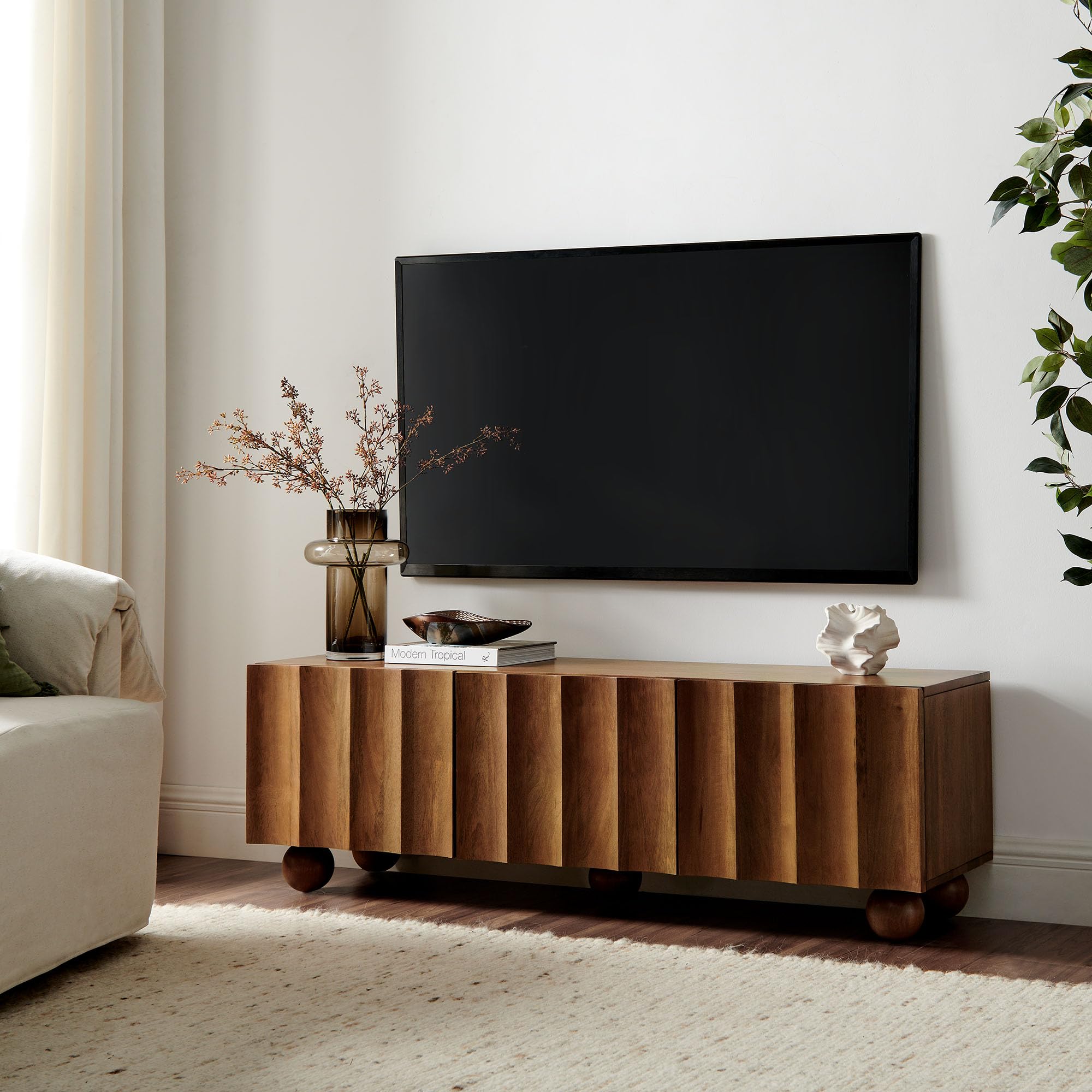 Modway Sorren 54 Inch Scalloped TV Stand in Walnut – 3 Door Media Console Cabinet – Modern Storage TV Stand with Doors