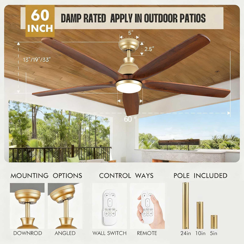 YZEENM 60 Inch Ourdoor Gold Ceiling Fan with Light, 5 Walnut Wood Blade Damp-Rated, Indoor Exterior High CFM Propeller for Patio Farmhouse, 6 Speeds Quiet Reversible DC Motor, for Living Room Porch