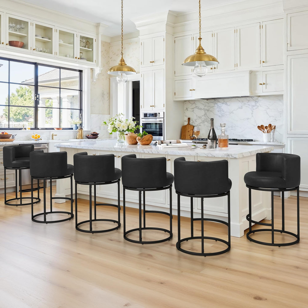 LUE BONA 26.8" Counter Height Bar Stools Set of 3, 180° Swivel Bar Stools, Modern Barrel Counter Stools with Back and Metal Frame, Faux Leather Upholstered Barstools for Kitchen Island, Black