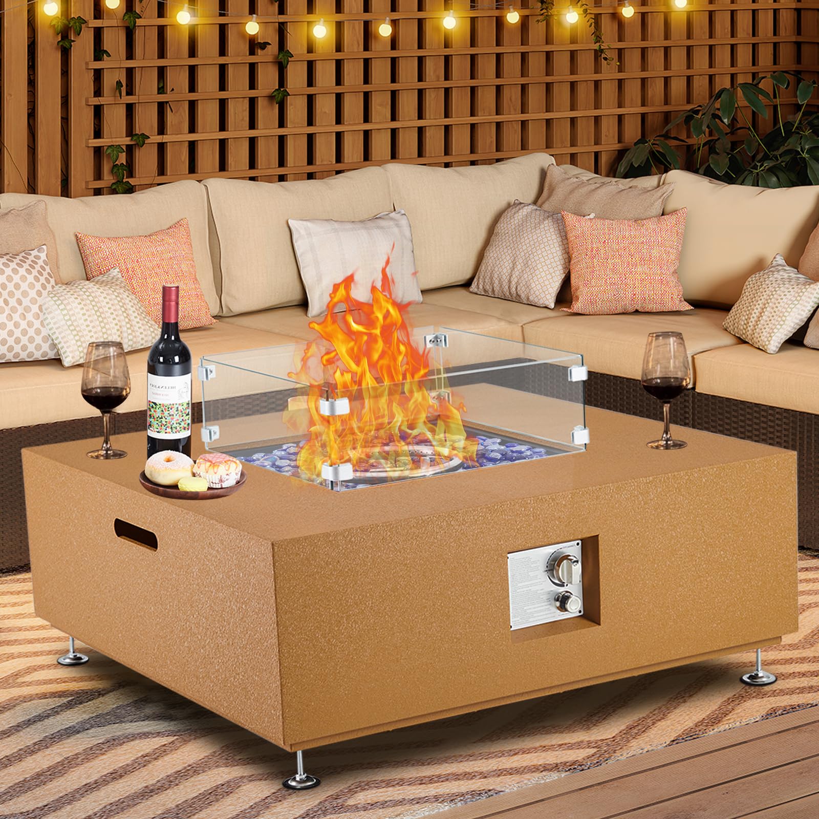36 Inch Outdoor Propane Fire Pit Table, 50000BTU Steel Gas Firepit with Wind Guard, Add Warmth and Ambience to Parties On Outside Patio Deck Garden, Safety Certified Glass Beads & Rain Cover