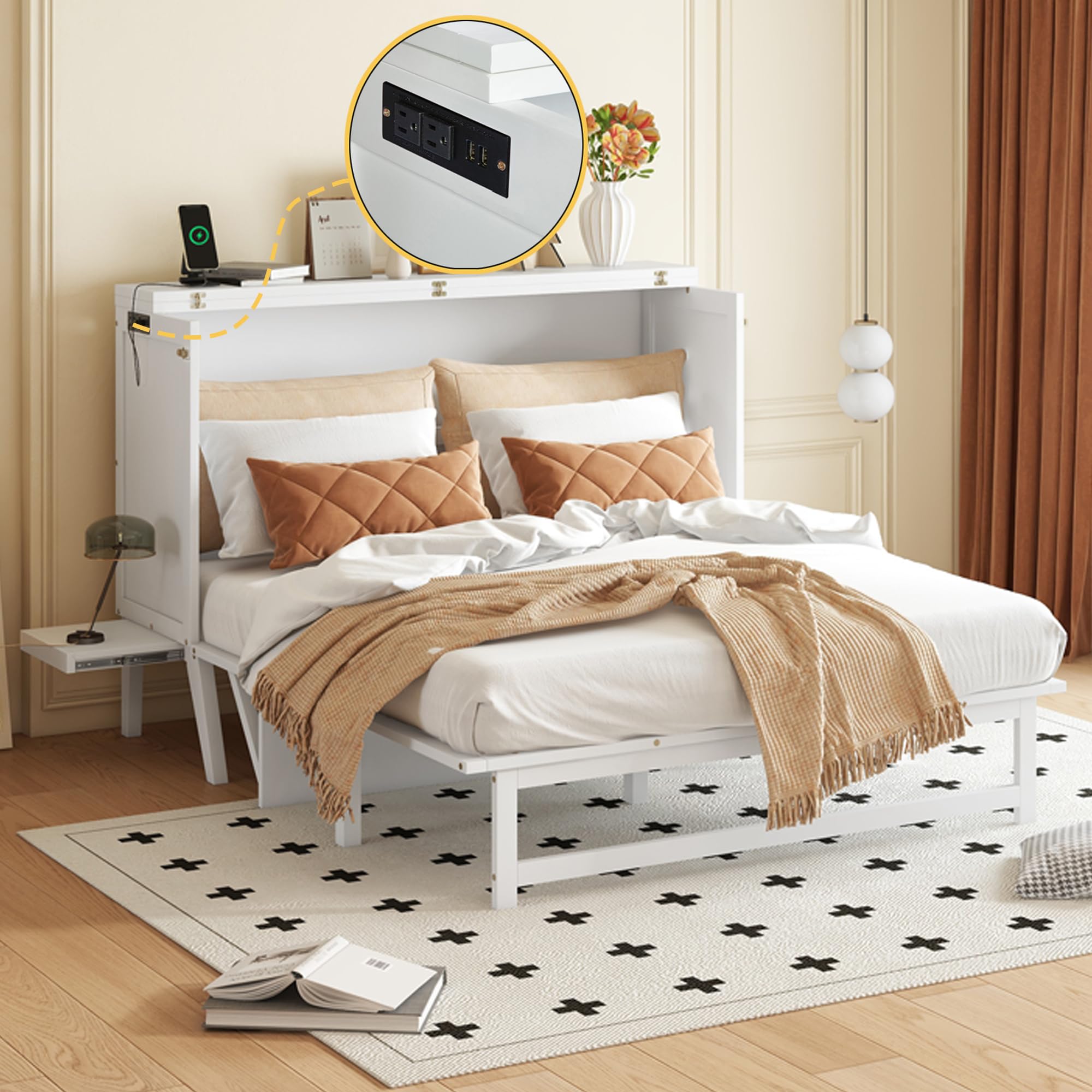 Queen Size Murphy Bed Cabinet with Charging Station,Mobile Cabinet Bed Murphy Chest Bed,Cabinet Bed Queen with Removable Shelves,Space Saving Murphy Bed for Bedroom,Guest Room,Office,White