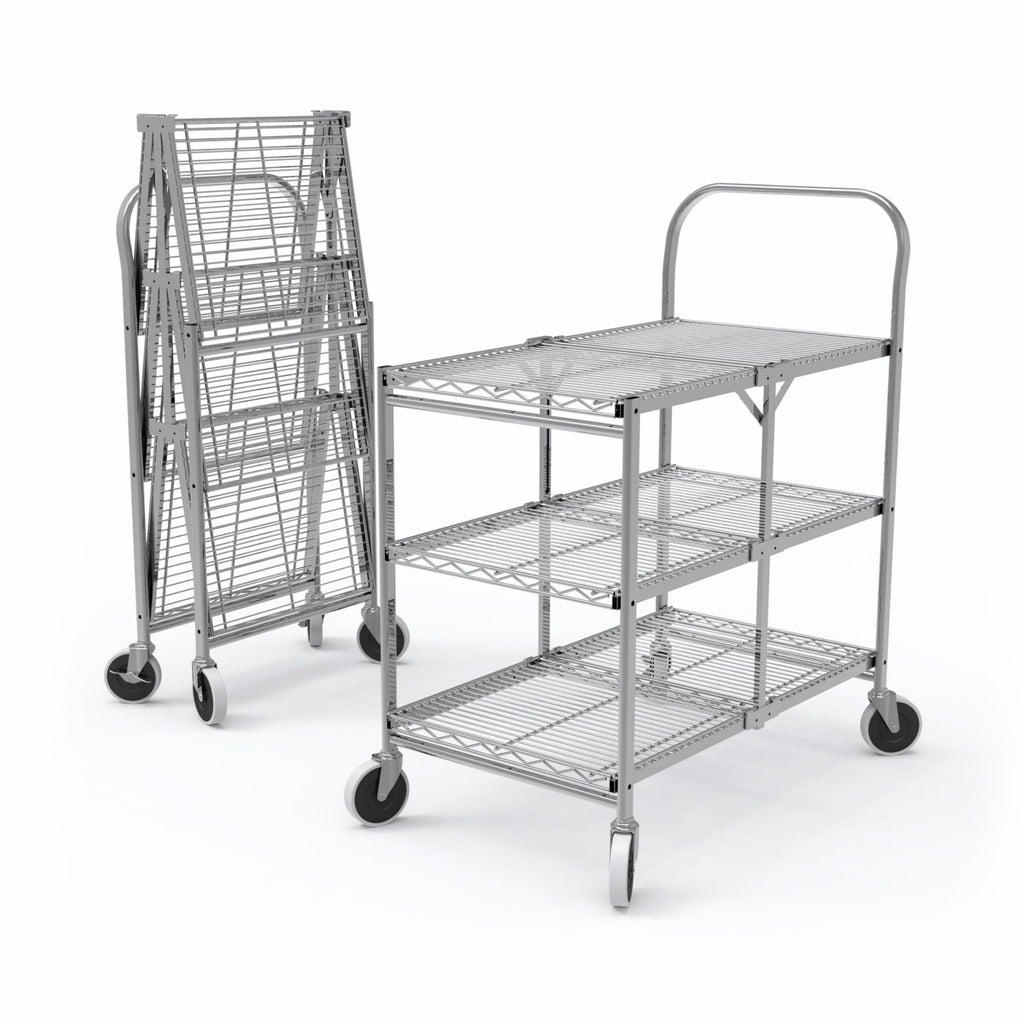 Luxor WSCC-3 Three-Shelf Collapsible Wire Utility Cart, Push Heavy Duty, 4" Thermoplastic Rubber Casters Two with Locking Brakes,Holds 300 lbs. and Folds Up for Storage, 37"W x 18.25"D x 30.5"H