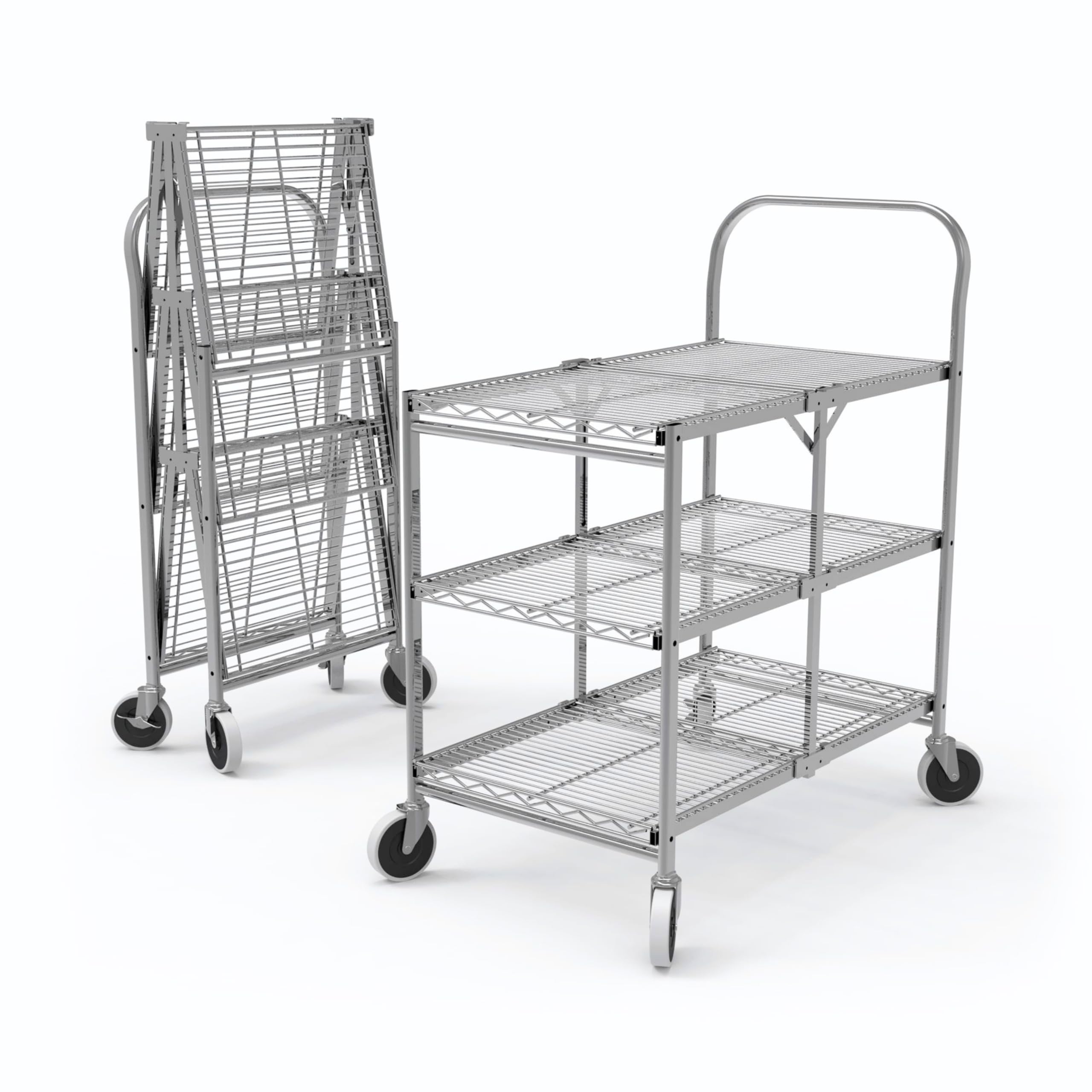 Luxor WSCC-3 Three-Shelf Collapsible Wire Utility Cart, Push Heavy Duty, 4" Thermoplastic Rubber Casters Two with Locking Brakes,Holds 300 lbs. and Folds Up for Storage, 37"W x 18.25"D x 30.5"H