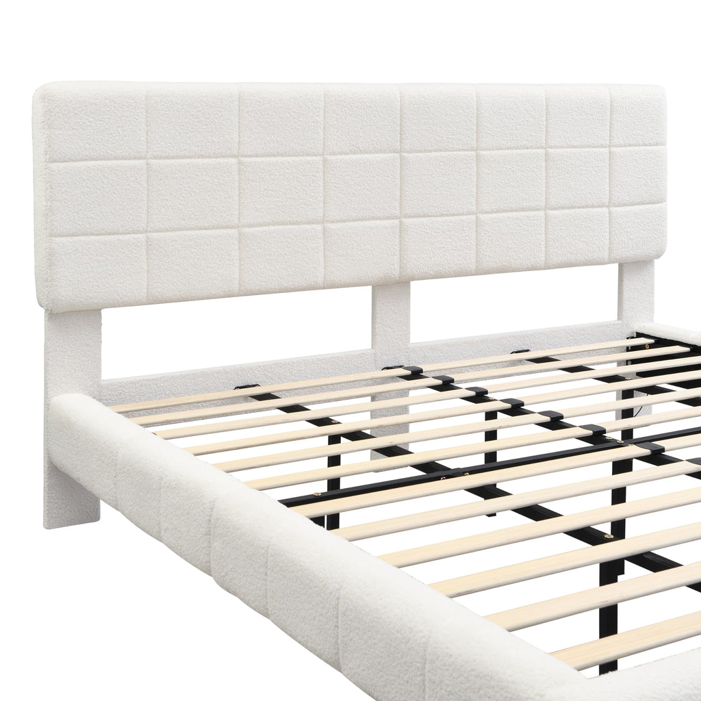 Merax King Size White Boucle Upholstered Platform Bed with Tall Headboard, Modern Floating Bed Frame with LED Lights for Bedroom, Solid Wood Slats Support, No Box Spring Needed, Easy Assembly