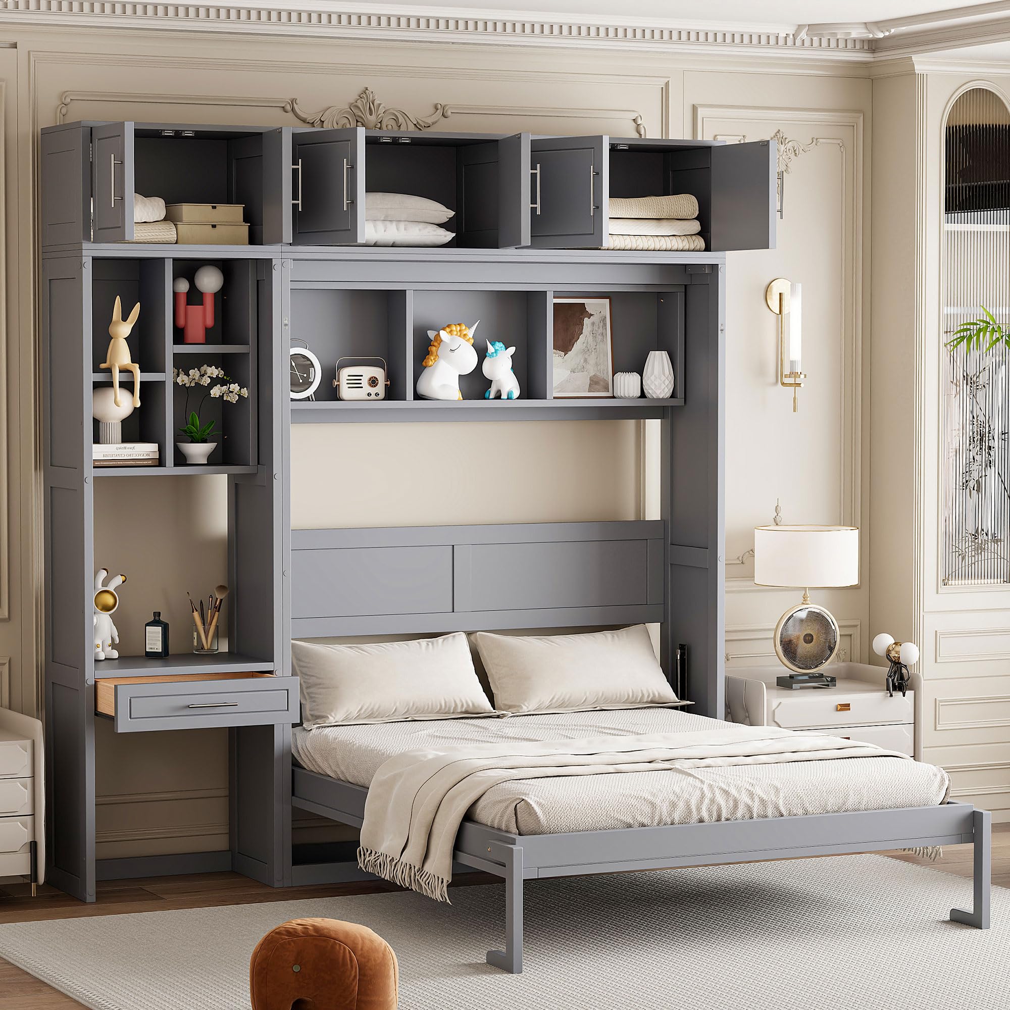 Merax Queen Size Wall Murphy Bed with Desk, Top Cabinet and Storage Shelves, Space Saving Foldable Bed, Wooden Bed Frame