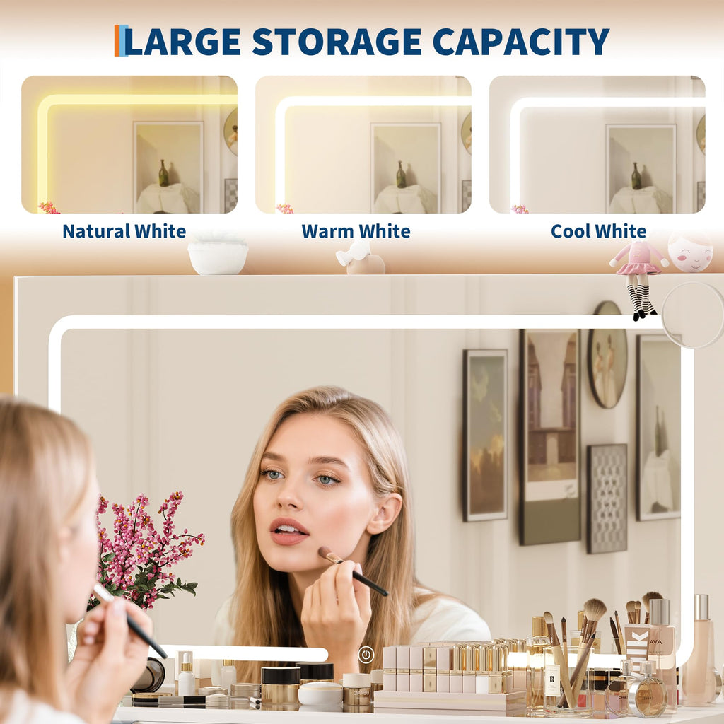 Vanity Desk with Large Mirror and Lights, Makeup Vanity Desk Set with Power Outlet, Stool, 10 Drawers Storage, Magnifying Glass, Hairdryer Holder, 3 Lighting Color Adjustable for Bedroom (White)