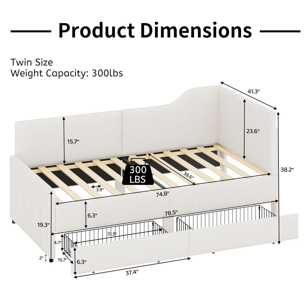 GDFStudio Twin Size L Shaped Corduroy Daybed Upholstered Bed Frame with 2 Storage Drawers Wooden Slats Semi Enclosed Design No Box Spring Needed, Beige