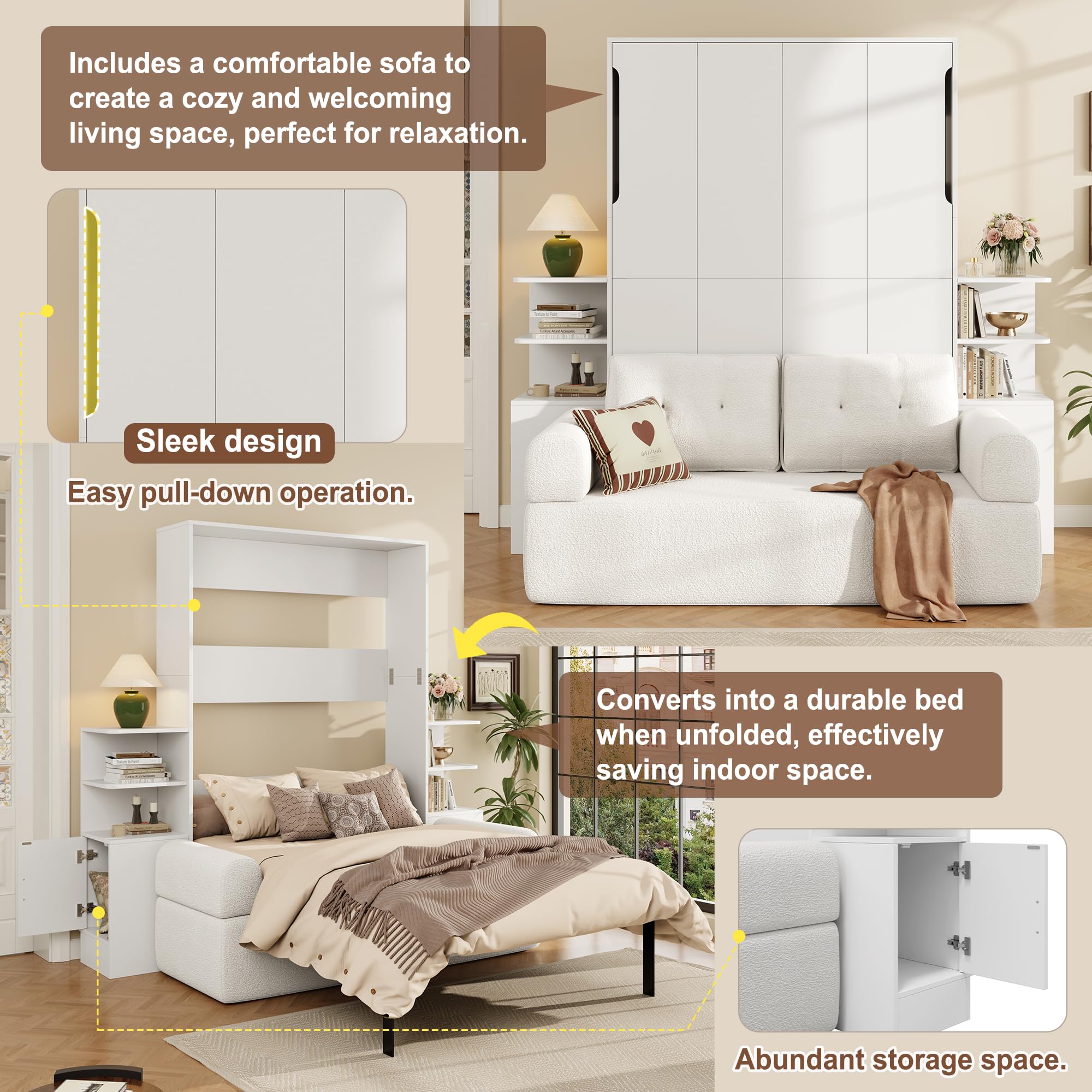 Ball & Cast Murphy Bed Full Size Murphy Beds with Sofa and Storage Cabinets,Wood Wall Hideaway w/Slat Support,can be Folded,Space-Saving,for Small Room,Dorms,White