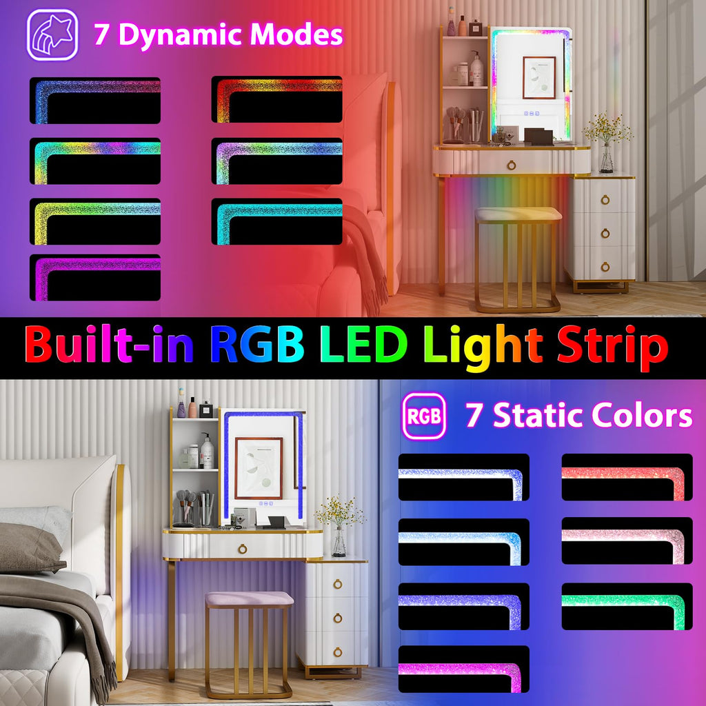 CHARMAID RBG Vanity Desk with Lights and Mirror, 7 Dynamic & 7 Static Modes, White Makeup Vanity Table with 3-Drawer Chest, 3 Shelves, Jewelry Storage Drawer, Girls Dressing Table with Stool