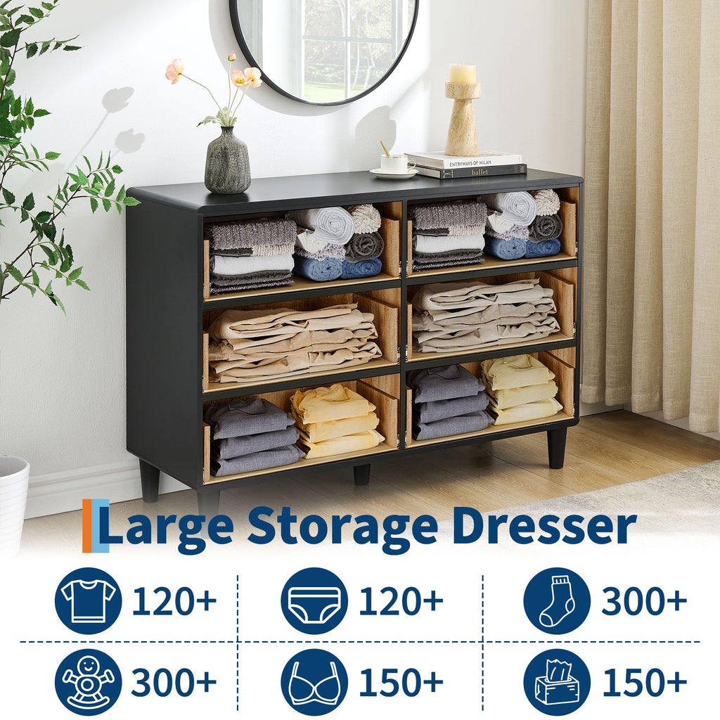 IDEALHOUSE 6 Drawers Dresser for Bedroom, 47" Wide Modern Chest of Drawers with Vintage Circle Handle w/Curved Profile Design, Wood Dresser for Living Room, Hallway, Entryway, Natural Oak