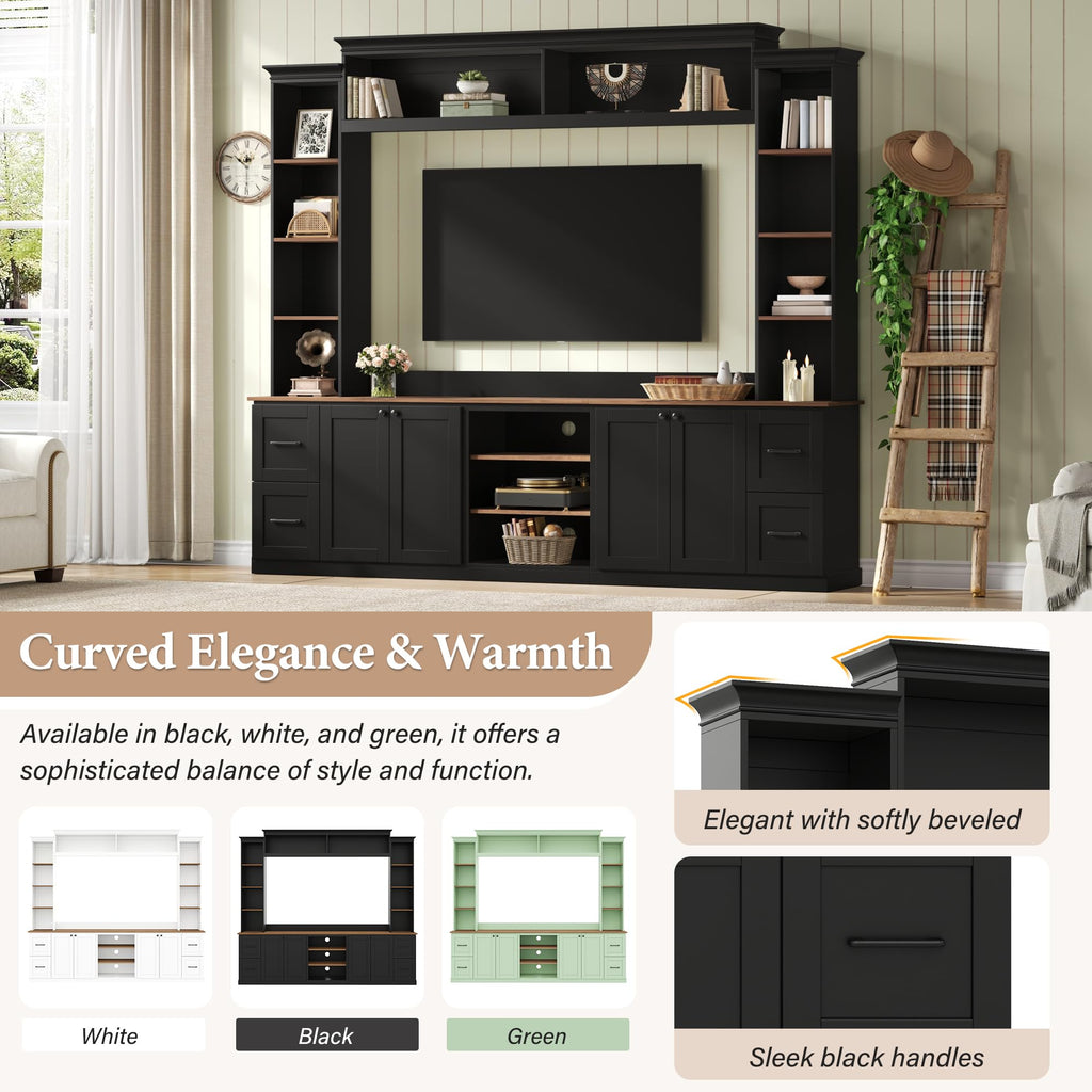 Ball & Cast 94.8" Entertainment Center Wall Unit with Bookshelf for TVs Up to 70",Farmhouse Large TV Stand with Walnut Adjustable Shelves,Retro Media Console with 4 Drawers for Living Room,Black