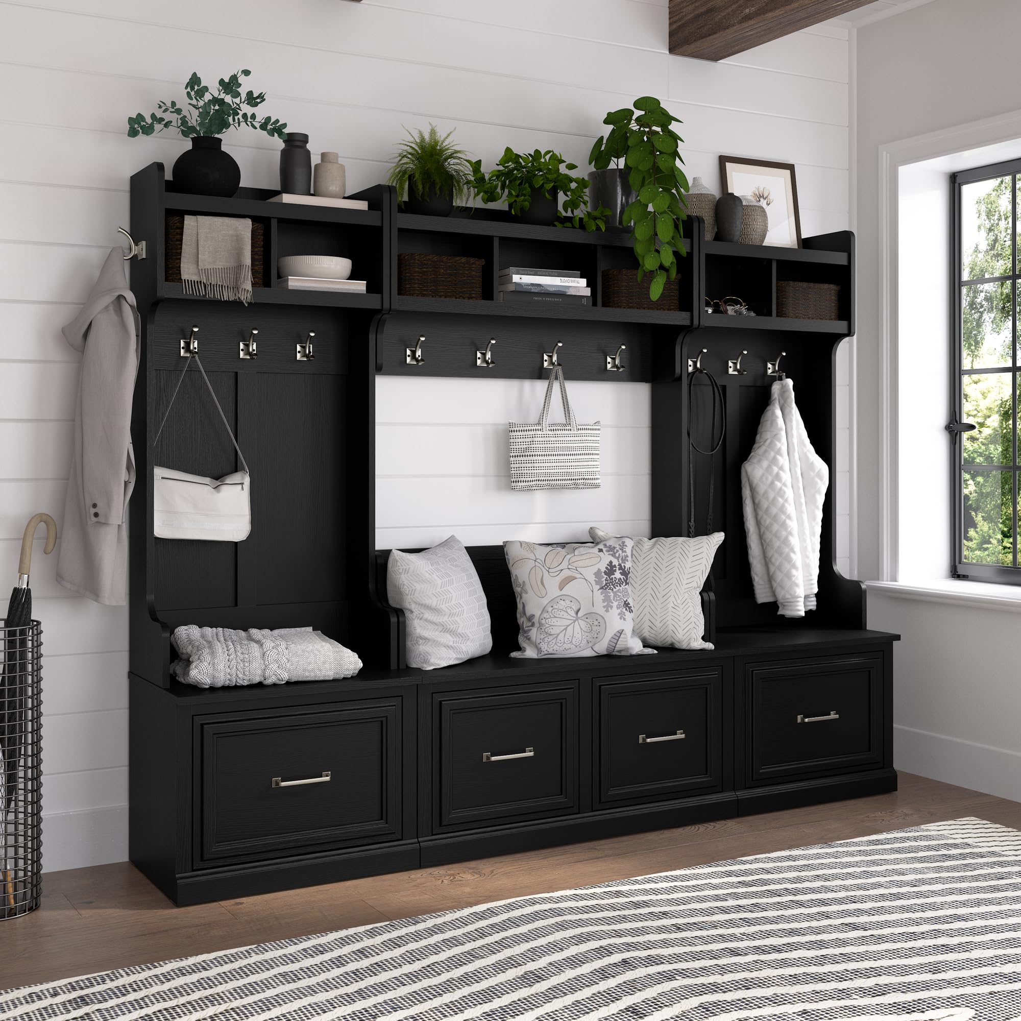 Bush Home Woodland 40W Entryway Bench with Doors and Wall Mounted Coat Rack in Black Suede Oak | Mudroom Shoe Storage, Clothing Organizer