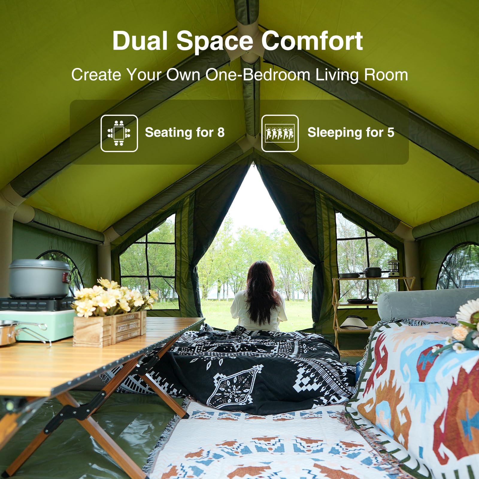 KNUO 2026 Upgraded Waterproof Inflatable Camping Tent for 5-8 People, Large Blow-Up Air Tent, No Assembly Needed Luxury Glamping House, 10x10ft Oxford Fabric,Green
