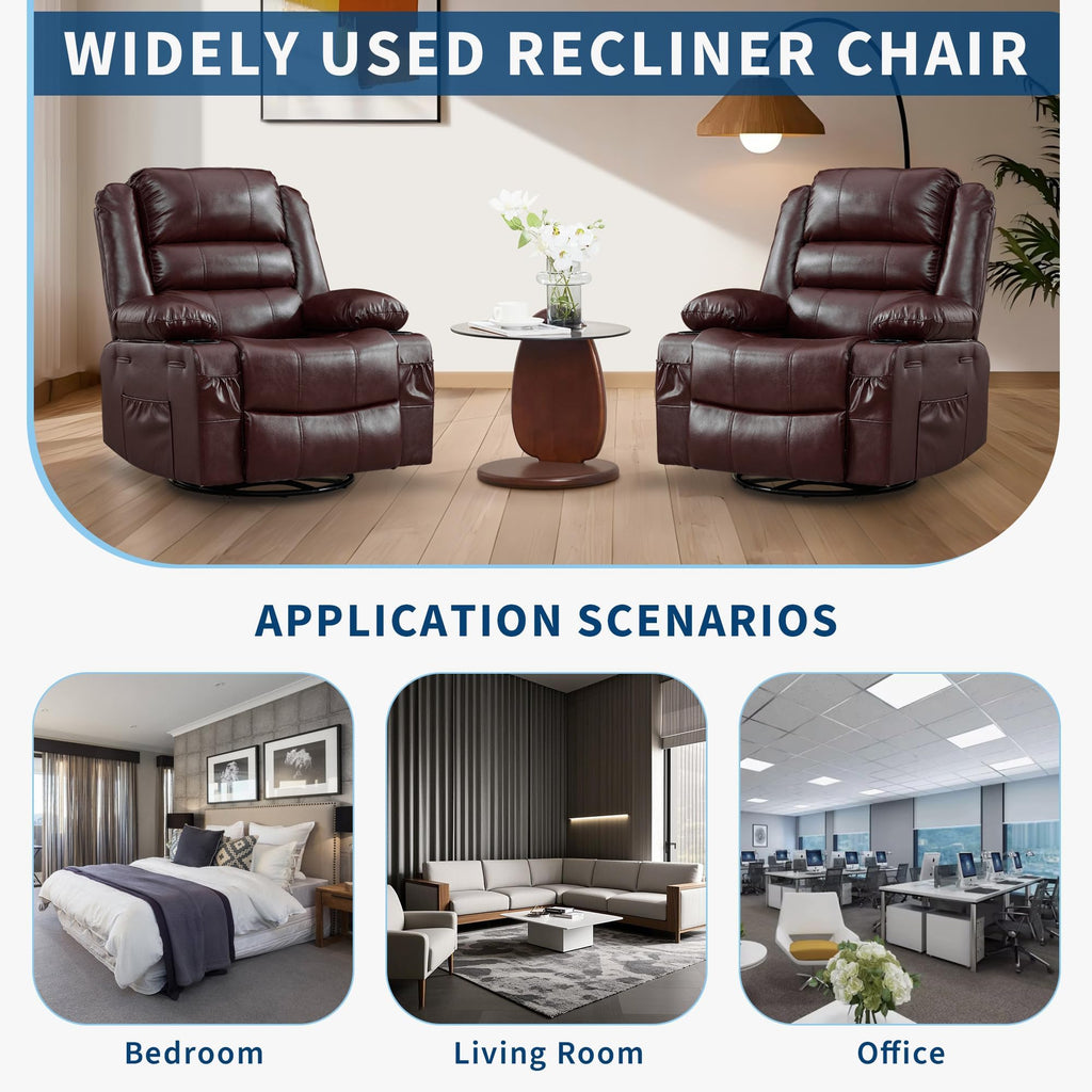 Rocking Recliner Chair for Adults PU Leather Wide Upholstered Glider Recliner with Cup Holder Deep Seat Single Sofa Rocker Chair for Nursery Living Room