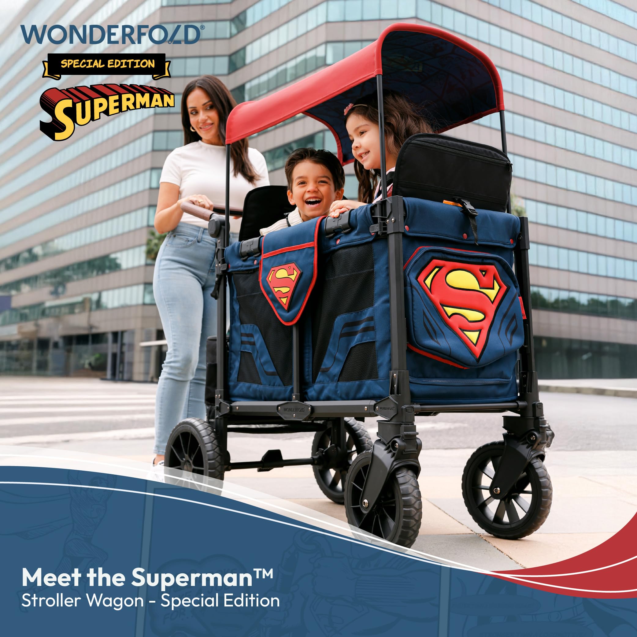 WONDERFOLD W2 Luxe Pro Special Edition Superman Stroller Wagon (2 Seater) - Collapsible Wagon Stroller with Seats with 5-Point Harnesses, Easy Access Zipper Door, and Removable Sun Canopy