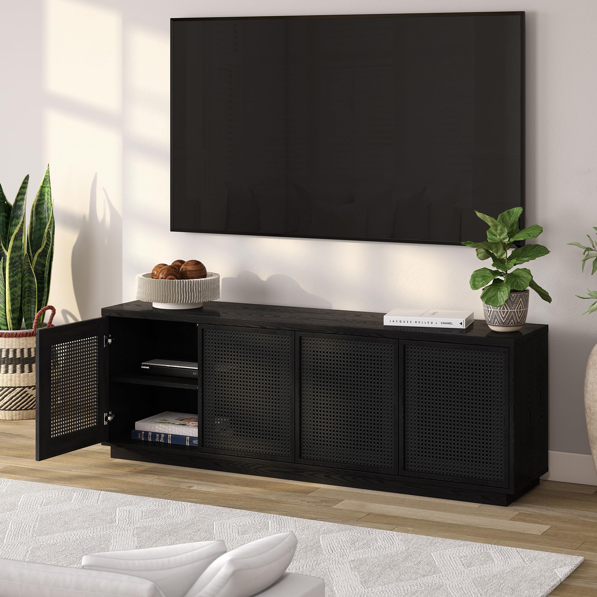 Henn&Hart TV Stand for TVs up to 78" with 2 Concealed Storage Cabinets, Rattan Insert Detailing, and Adjustable Shelves for Living Room, Family Room, or Office, Natural Black