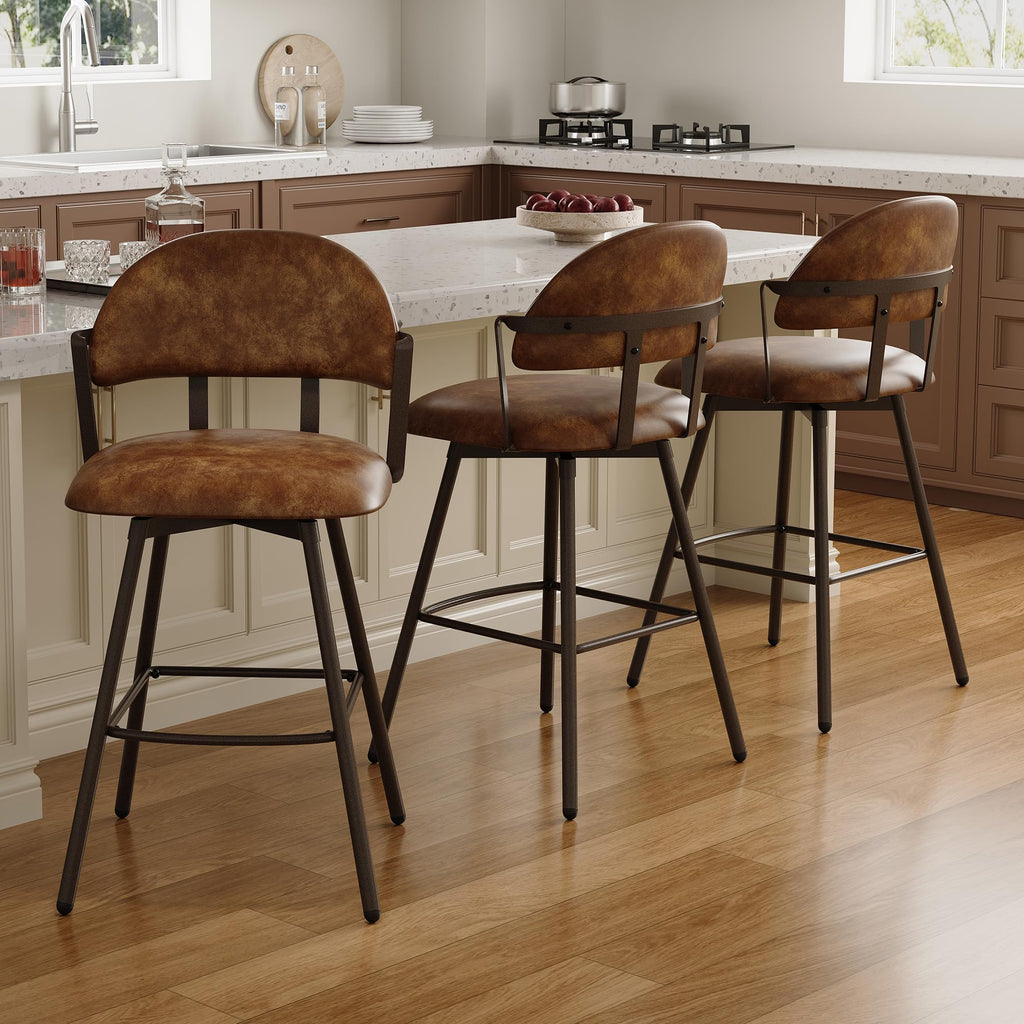 BFZ 26" Bar Stools Set of 3, Modern Swivel Counter Height Bar Chairs with Backs and Metal Legs, Faux Leather Upholstered Barstools for Kitchen Island, Dining Room