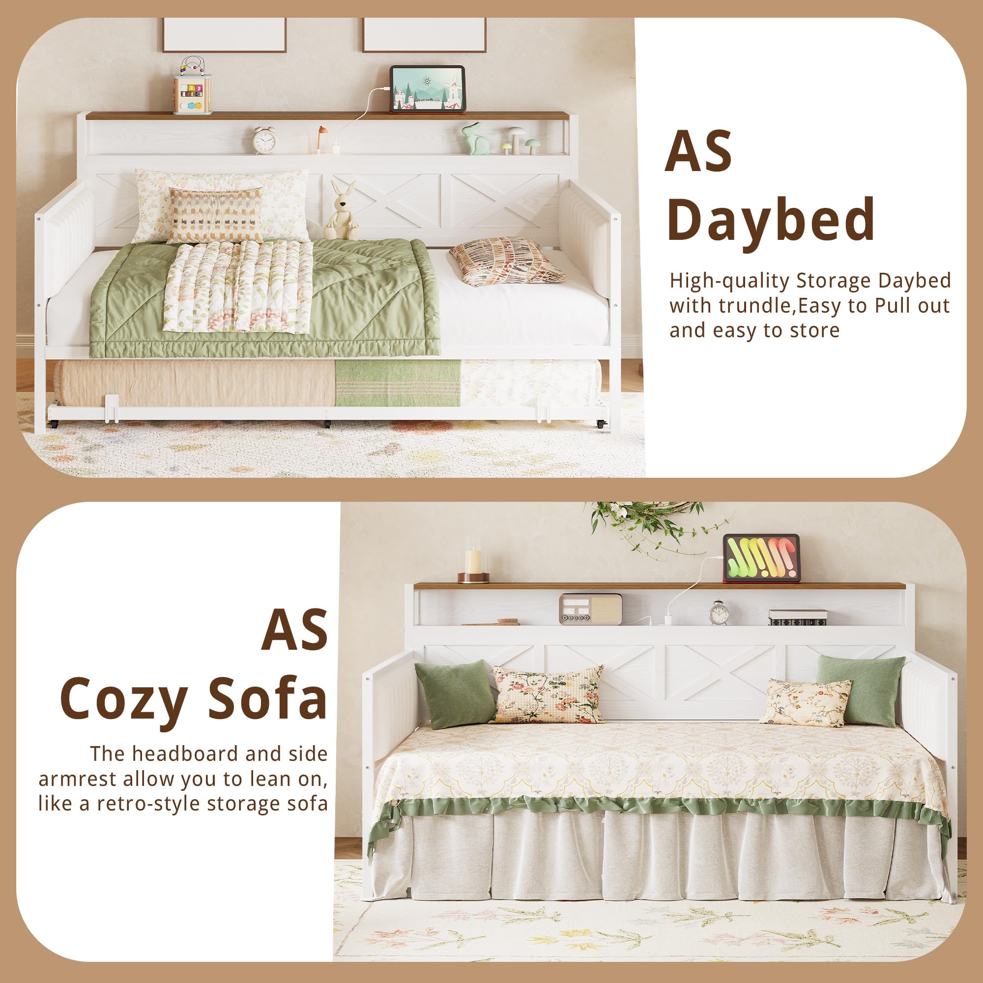 IRONCK Daybed with Trundle, Sturdy Metal Twin Bed Frame with X-Shaped Frame, Upholstered Farmhouse Daybed with Charging Station for Living Room, Bedroom, and Guest Room, White/Walnut