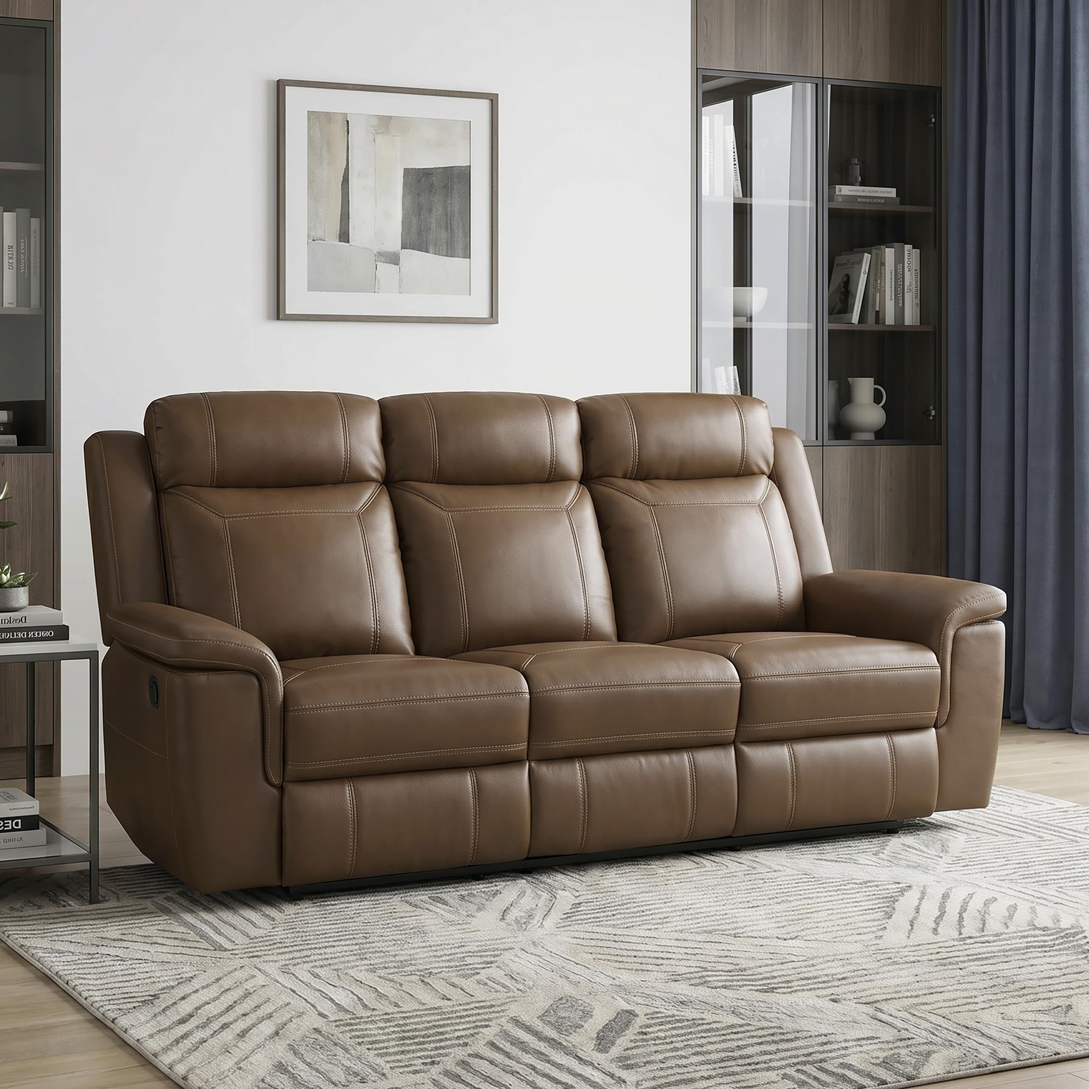 Lexicon Top Grain Leather Match Manual Reclining Sofa, Wall Hugger Reclining Sofa, Overstuffed Armrest, for Living Room/Theater Seating/Apartment, Easy Assembly, Camel