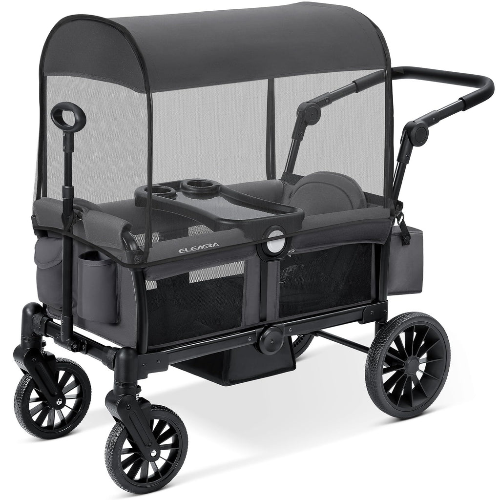 ELEMARA Foldable Wagon Stroller, Stroller Wagon for 2 Kids, Premium All Terrain Wagon for Kids with Removable Canopy, Adjustable Push/Pull Handle, Harnesses, Large Storage Bag, Gray
