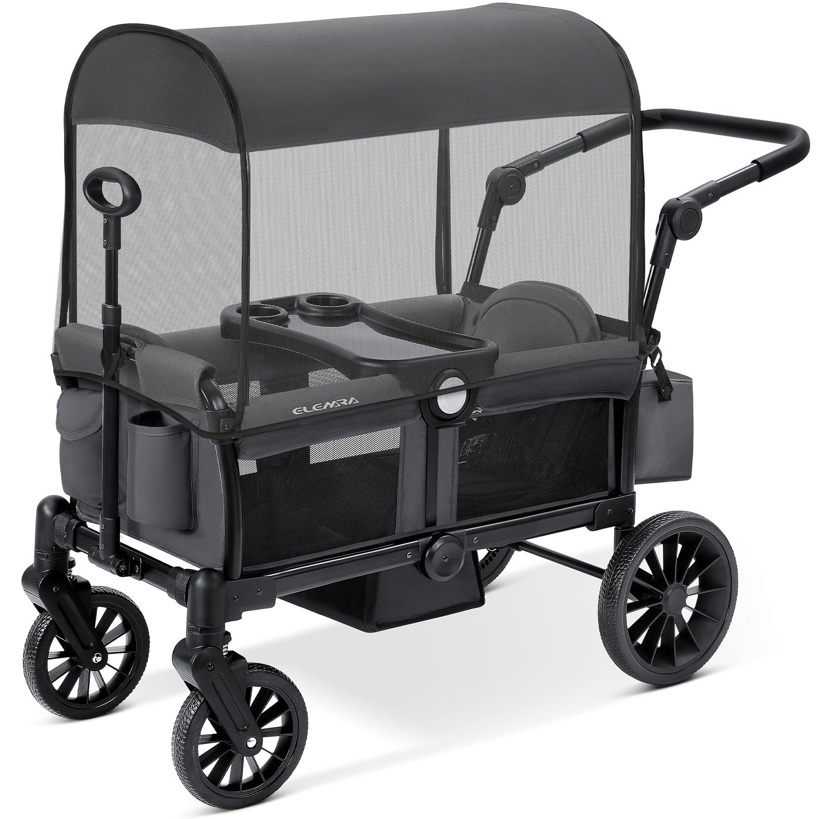 ELEMARA Foldable Wagon Stroller, Stroller Wagon for 2 Kids, Premium All Terrain Wagon for Kids with Removable Canopy, Adjustable Push/Pull Handle, Harnesses, Large Storage Bag, Gray