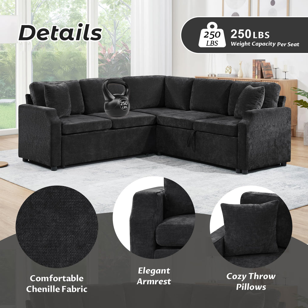 Eafurn 82 INCH Convertible Sleeper Sectional Sofa Pull Out Couch Bed for Living Room - Chenille Upholstered Symmetrical L Shaped Corner Sectional Couch W/Storage and Throw Pillows