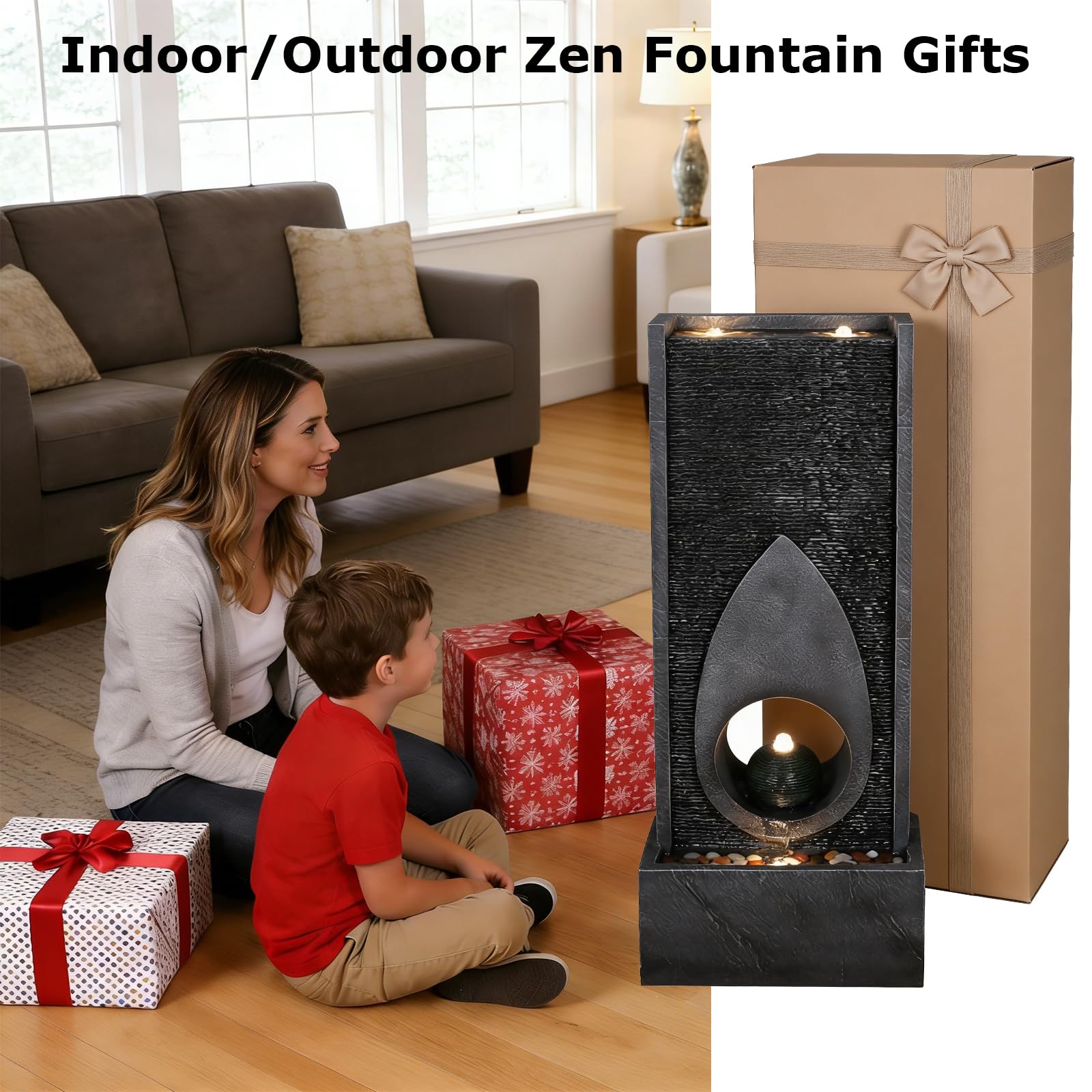 46.5’’Tall Modern Water Fountain Indoor Outdoor Waterfall Feature Floor Standing with Sphere and LED Lights for Garden, Yard, Patio, Deck, Porch, Livingroom Decor