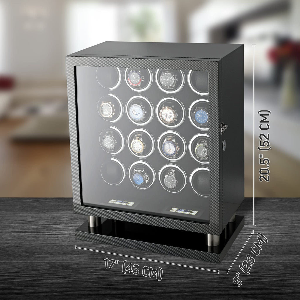16 Watch Winder for Automatic Watches with LED Light and Coordinated Rotor Stop (Carbon)