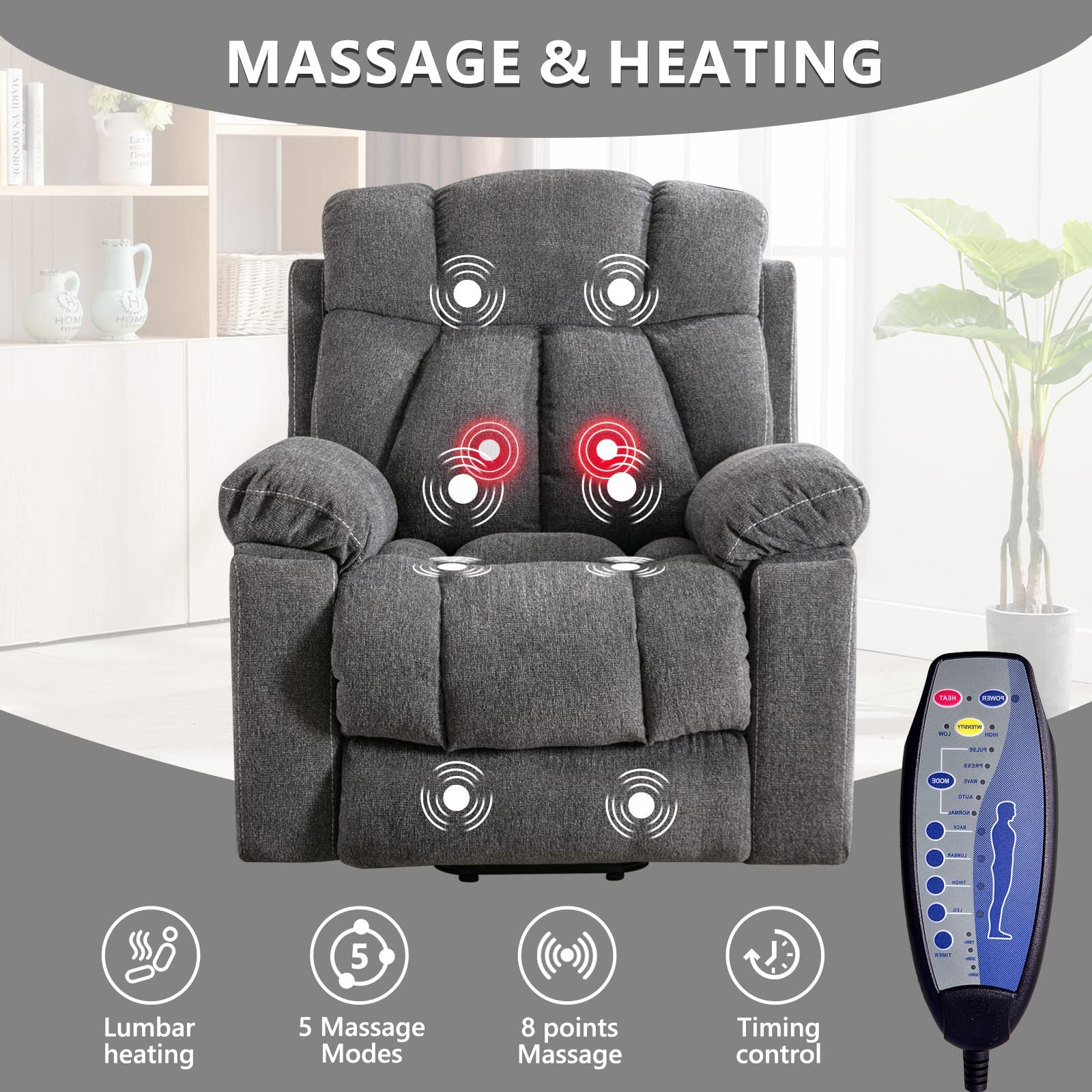CANMOV Large Power Lift Recliner Chairs with Massage and Heat for Elderly Big People, Heavy Duty Motion Reclining Mechanism-Anti Skid Fabric Recliner Chair with 2 Concealed Cup Holders,Dark Gray